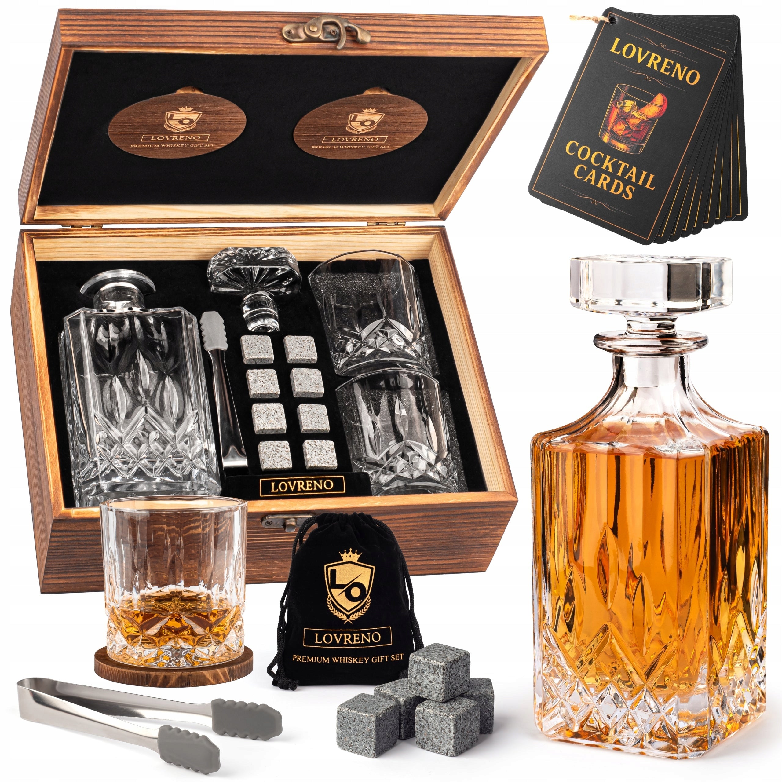 Lovreno Set of Whisky Decanter Glasses Stones Box Wooden Gift Manufacturer code Lovreno Whisky Set