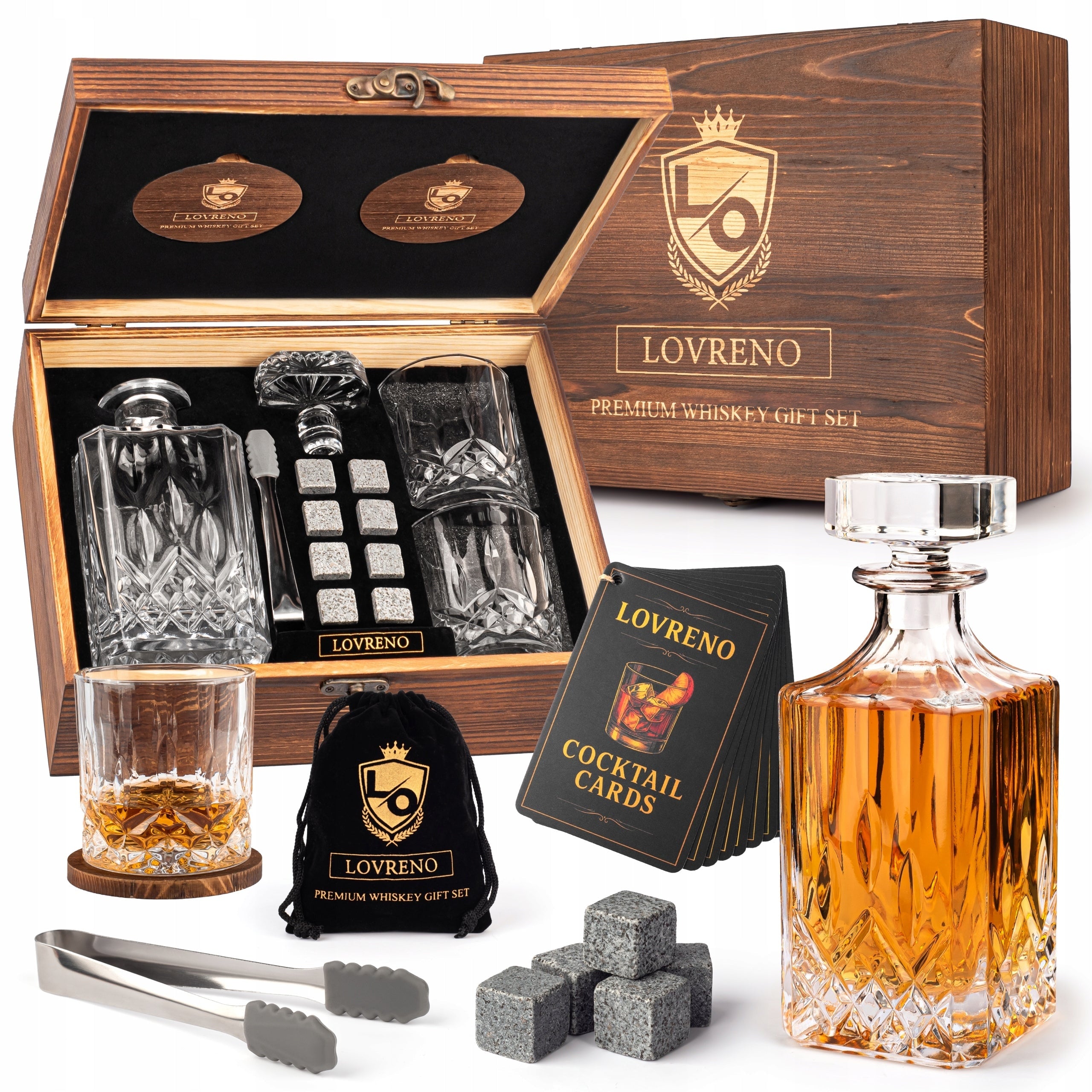 Lovreno Set of Whisky Decanter Glasses Stones Box Wooden Gift