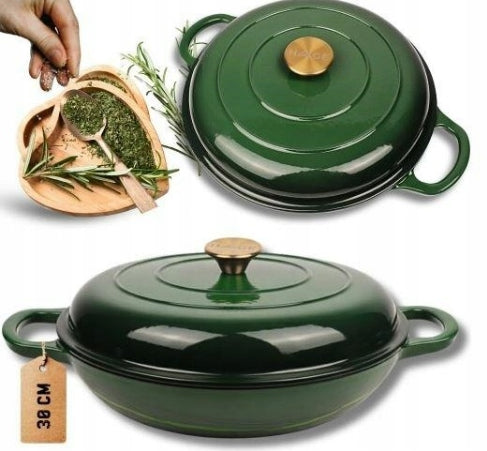 Low pot saucepan HAGE cast iron enameled 30cm bottle green