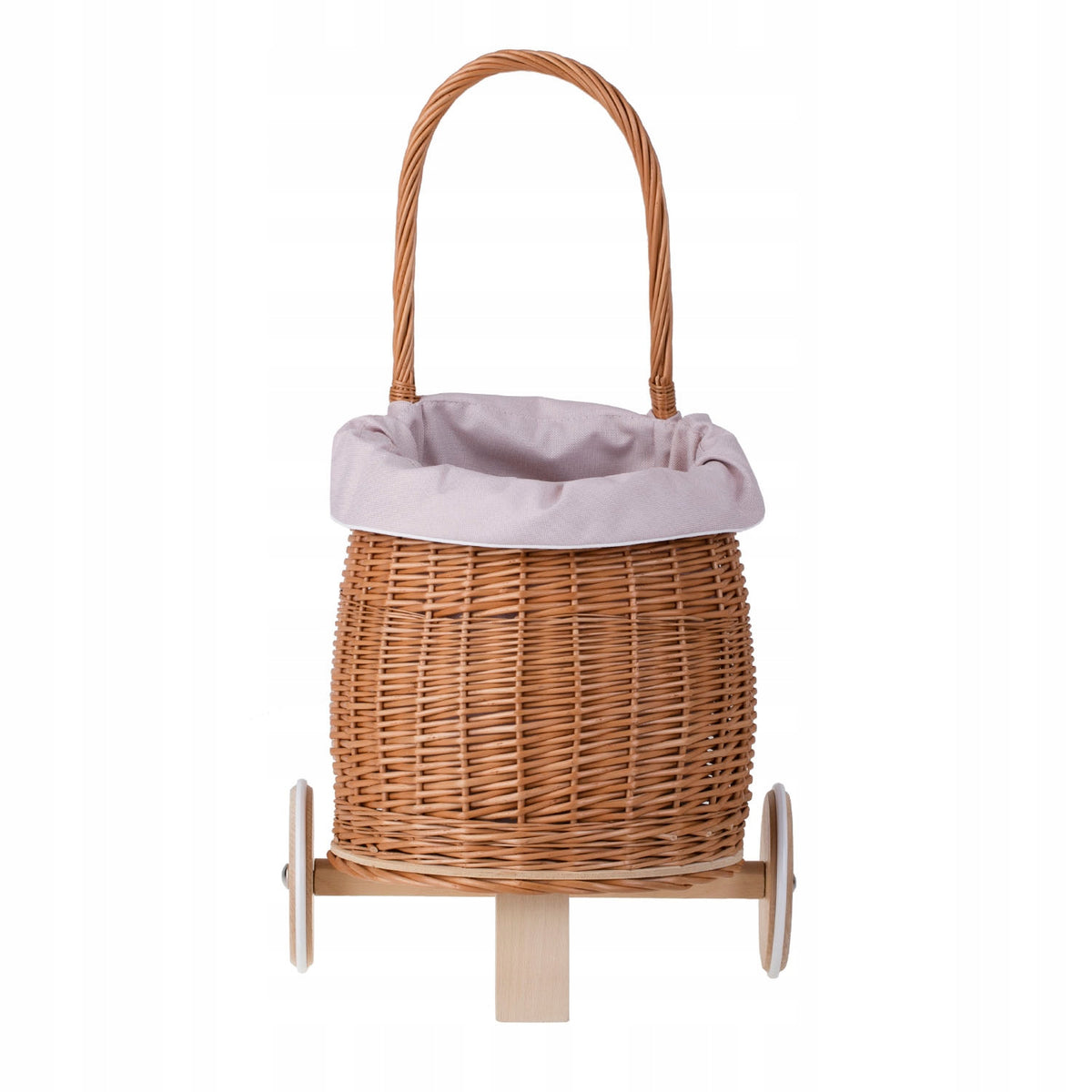 Luke wicker pusher stroller for children with pink hem, with handle