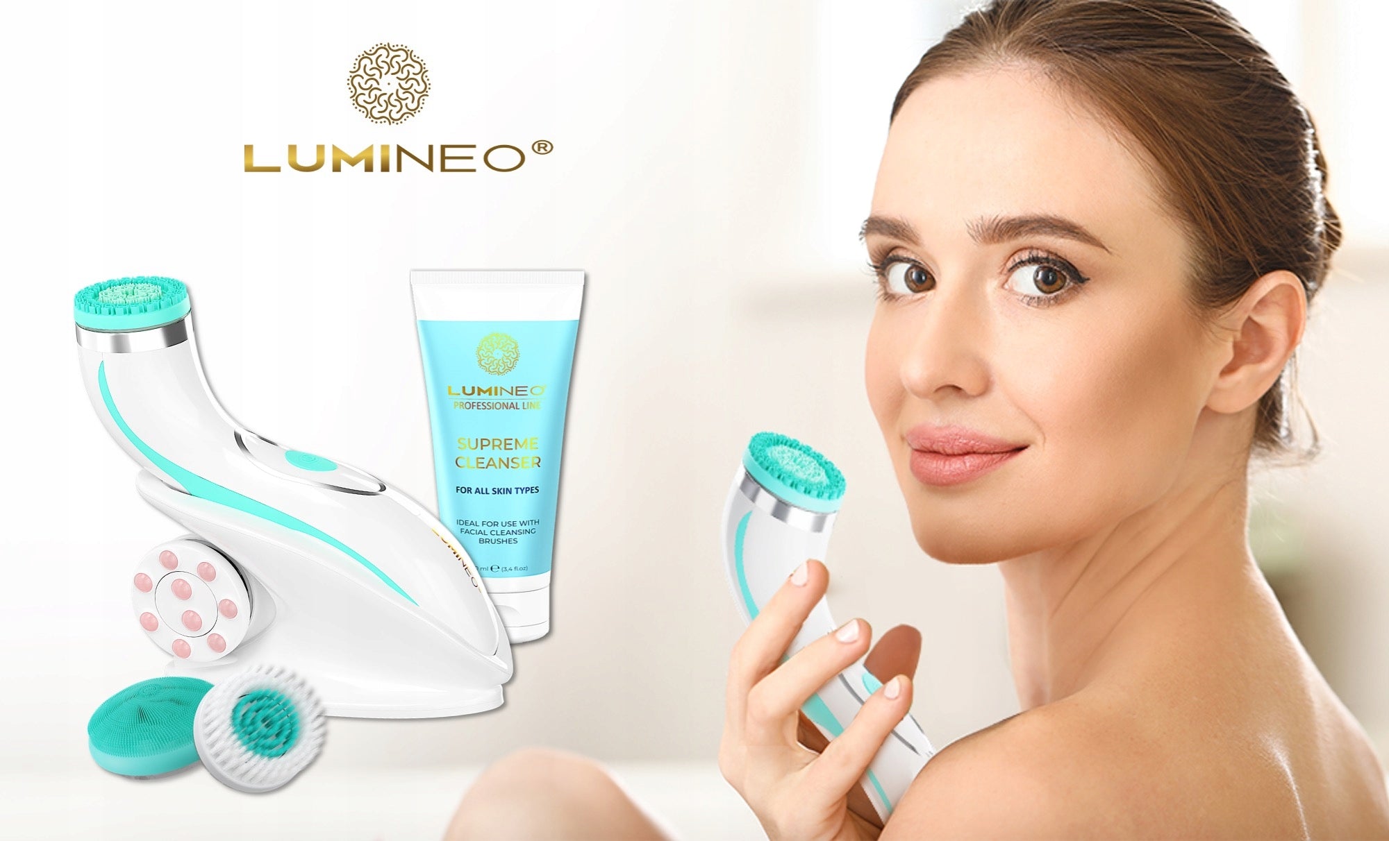 Lumineo Brush PRO turquoise 4 tips + gel for all skin types Packaging status original
