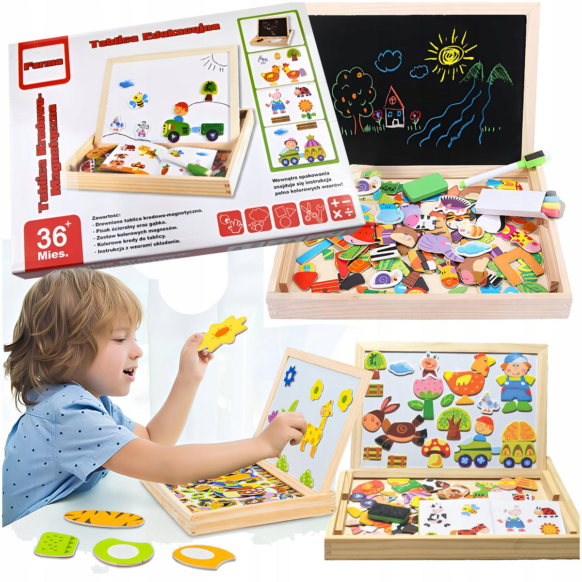 MAGNETIC EDUCATIONAL BOARD WOODEN CHALK MULTIFUNCTION FOR KIDS