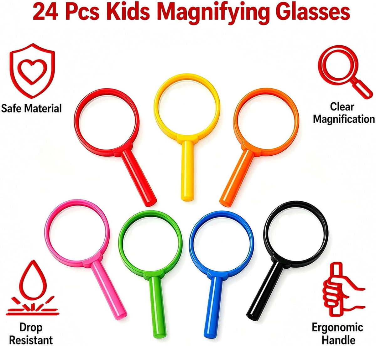 MAGNIFIER FOR CHILDREN 24 PIECES COLORFUL MAGNIFICATION 5X EDUCATIONAL TOY Color black