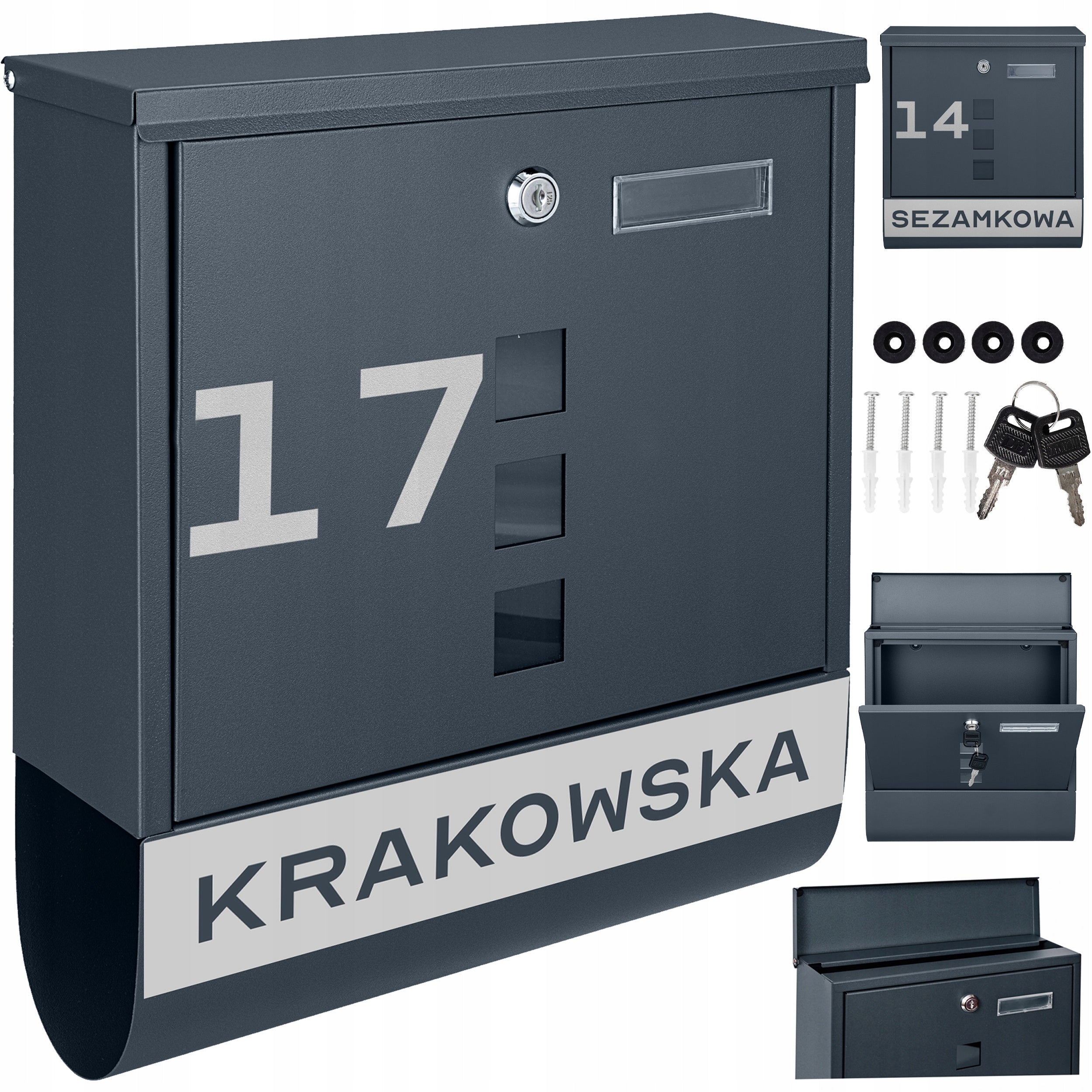 MAILBOX FOR LETTERS MAIL TUBE FOR NEWSPAPERS ANTHRACITE + INSCRIPTION ADDRESS