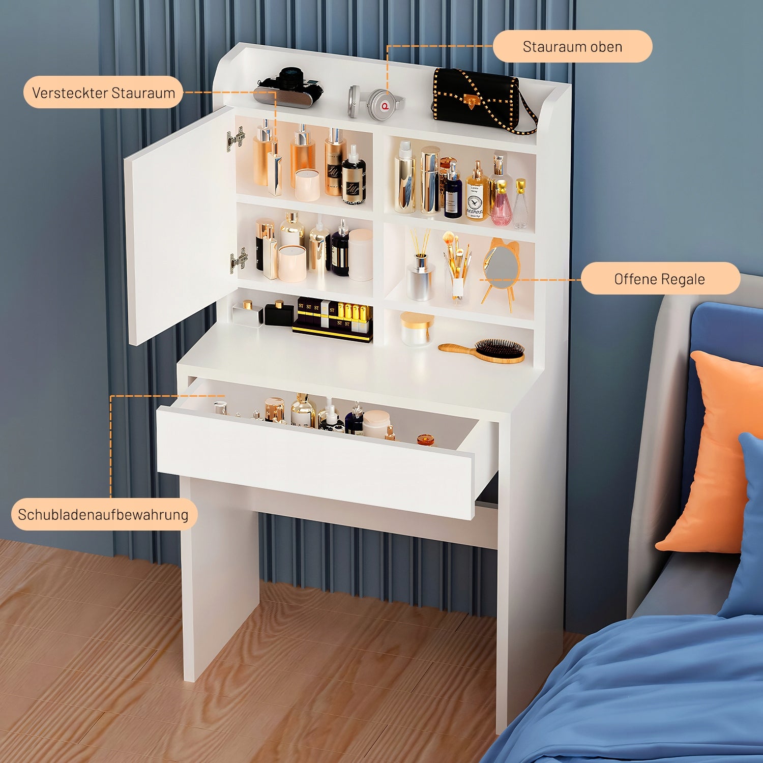 MAŁY TOALETKA DREWNIANA BIAŁA Z LUSTREM I SZUFLADY 70x40x135cm LED Furniture width 70 cm