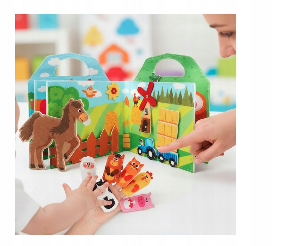 MANIPULATION BOARD MONTESSORI FARM ANIMALS 3D FELT SENSORY Manufacturer code KSIĄŻECZKA NAUKA RZEPY
