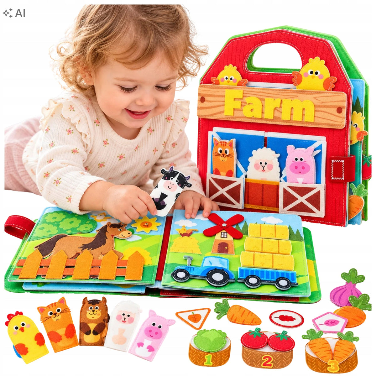 MANIPULATION BOARD MONTESSORI FARM ANIMALS 3D FELT SENSORY
