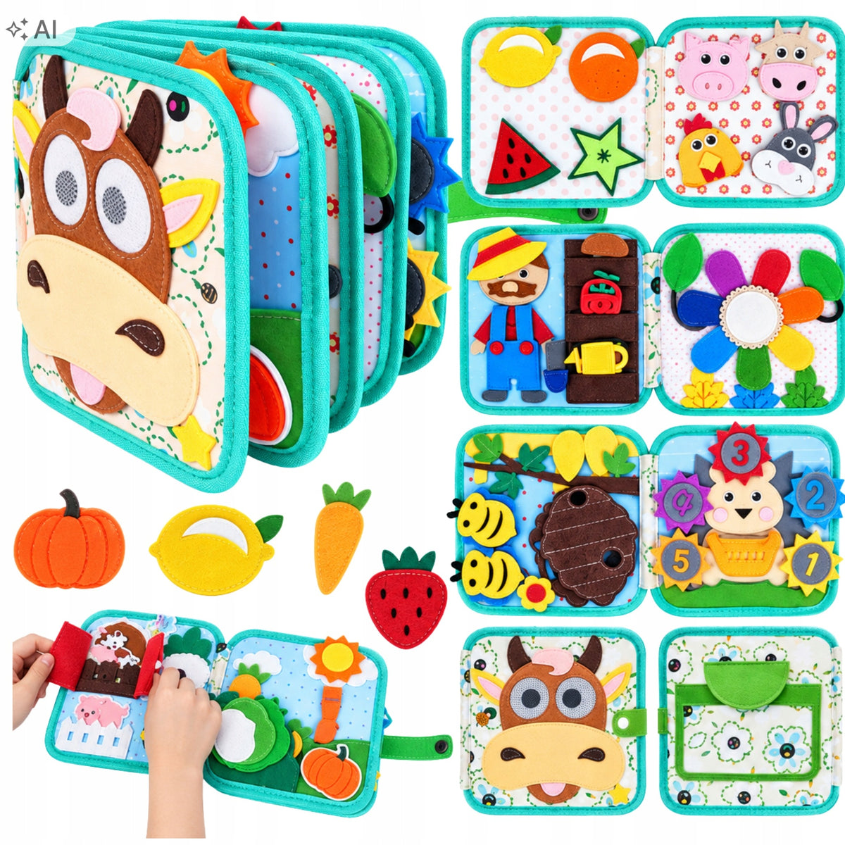 MANIPULATION BOARD SENSORY COW MONTESSORI ANIMALS FELT 3D