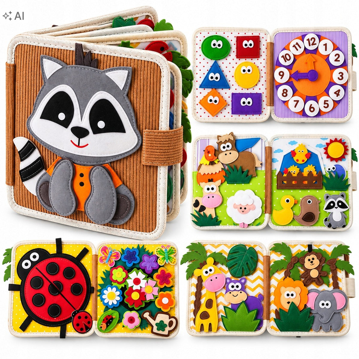 MANIPULATION BOARD SENSORY RACCOON FELT 3D EDUCATIONAL MONTESSORI