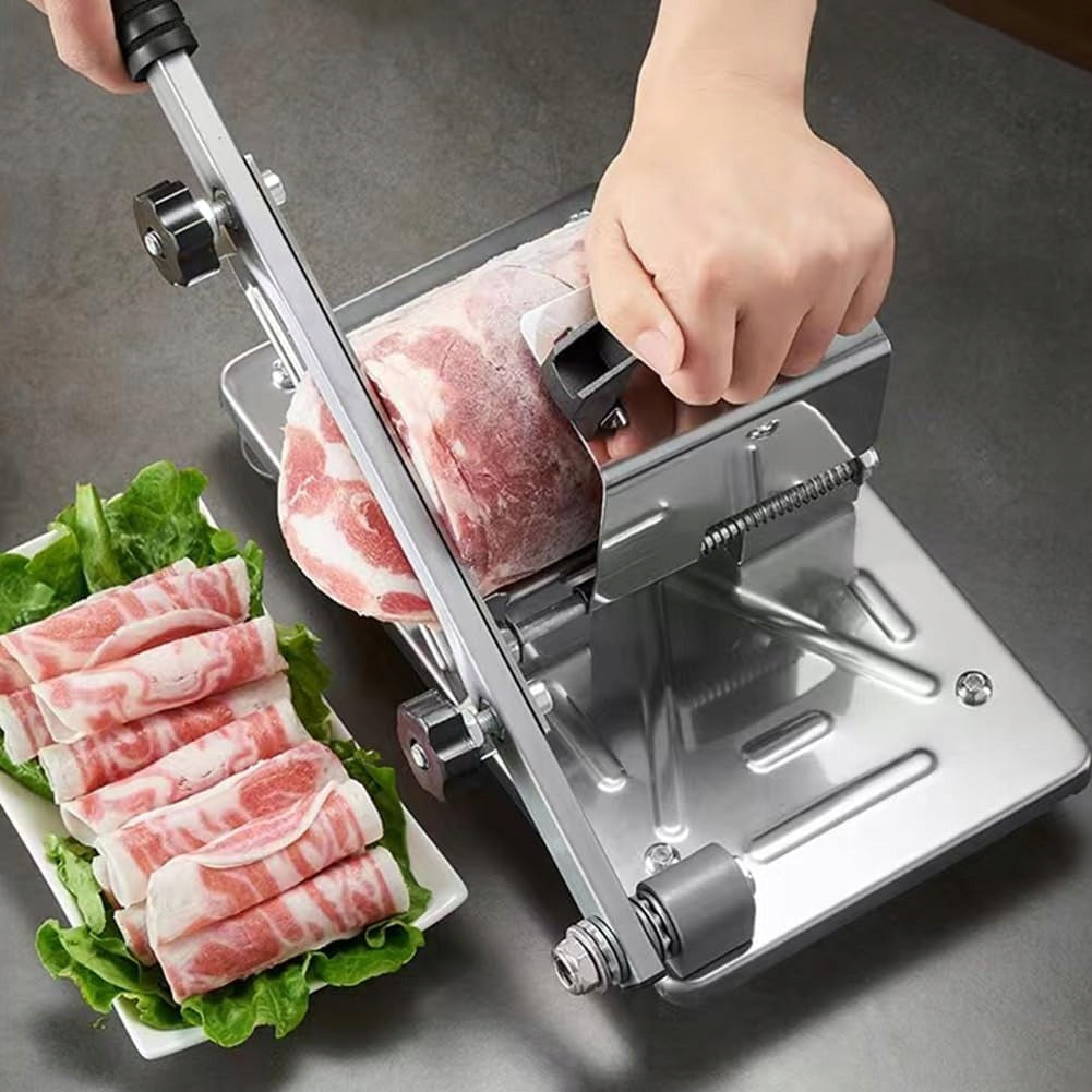 MANUAL MEAT SLICER, ADJUSTABLE FOR CUTTING FROZEN MEAT Dominant color silver