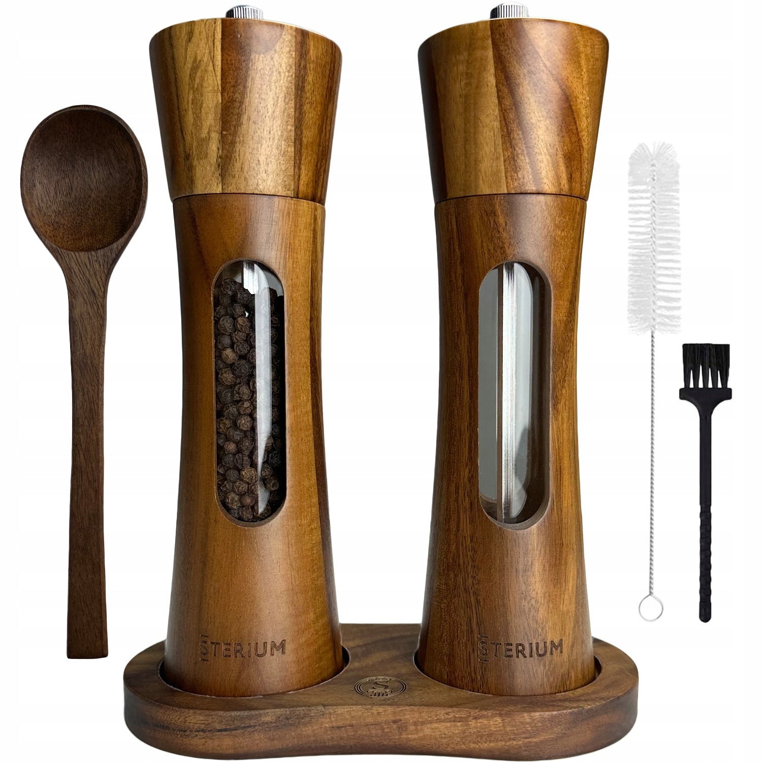 MANUAL SALT AND PEPPER GRINDER ACACIA GLASS 2 SET BRUSH SPOON
