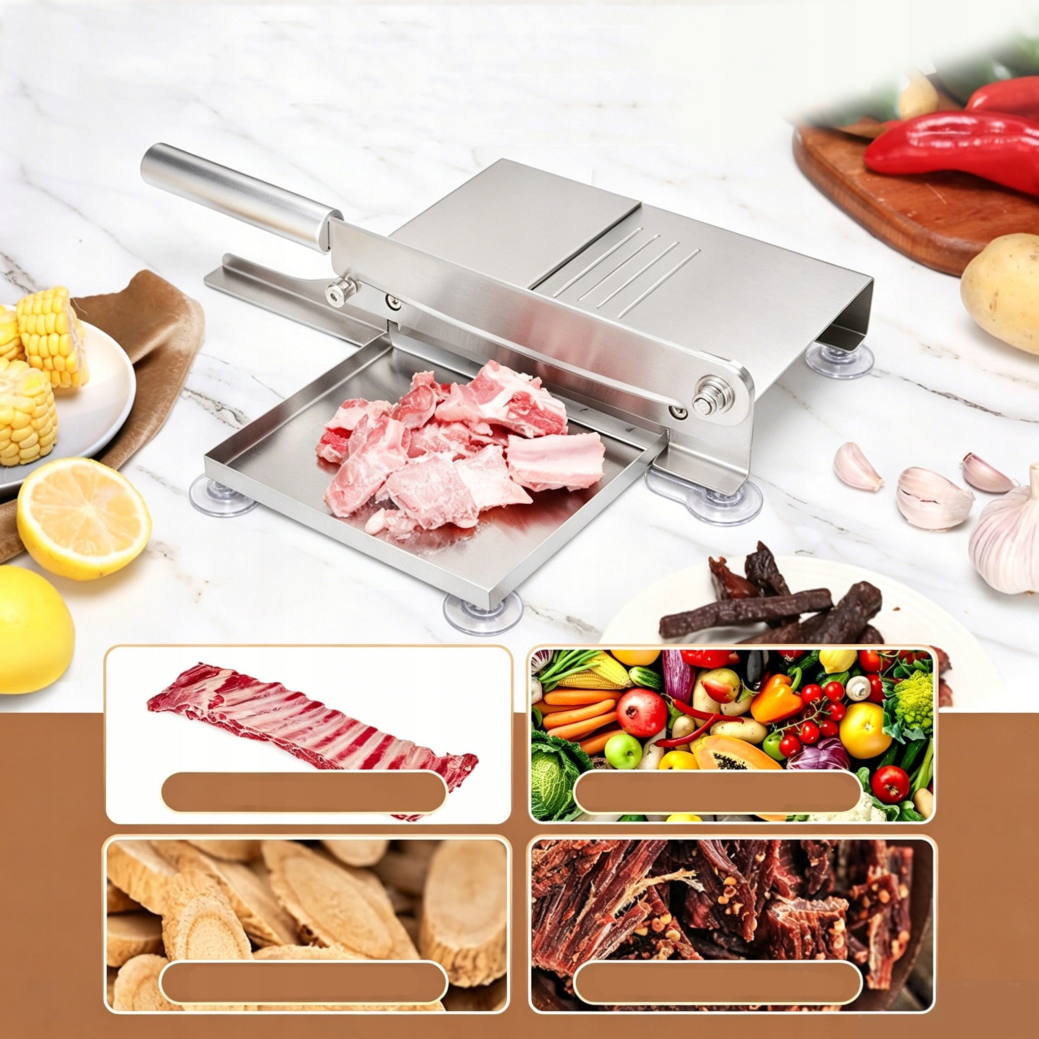 MANUAL SLICER FOR MEAT, MUTTON, VEGETABLES, FRUIT, MEAT, SAUSAGE, STEEL Packaging status original
