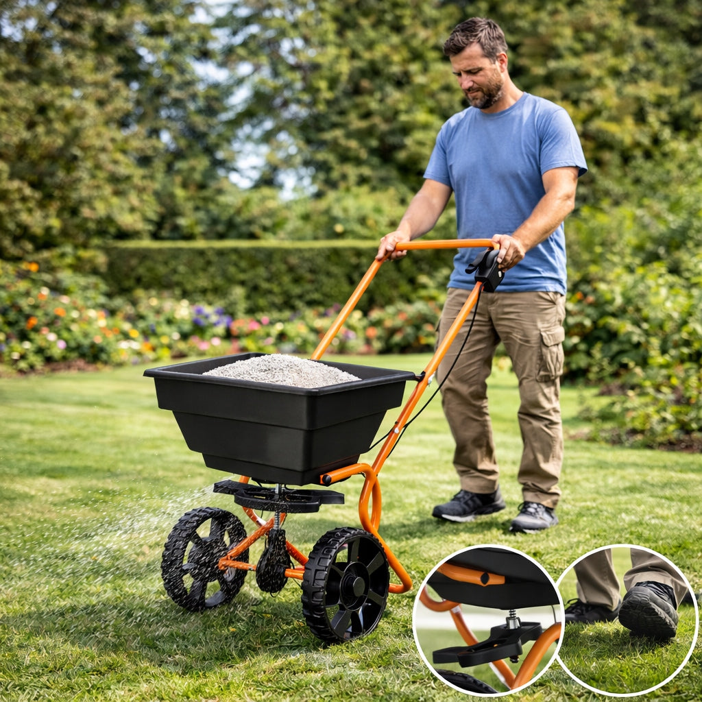 MANUAL WHEELBARROW SPREADER FOR GRASS SEEDS SCATTERING ADJUSTMENT 15L Capacity 15 l