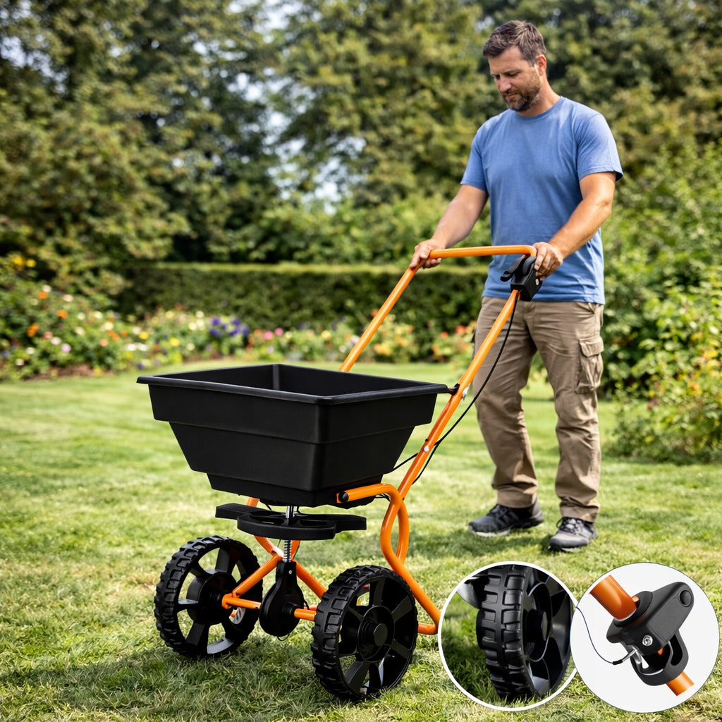MANUAL WHEELBARROW SPREADER FOR GRASS SEEDS SCATTERING ADJUSTMENT 15L Sowing width 50 cm