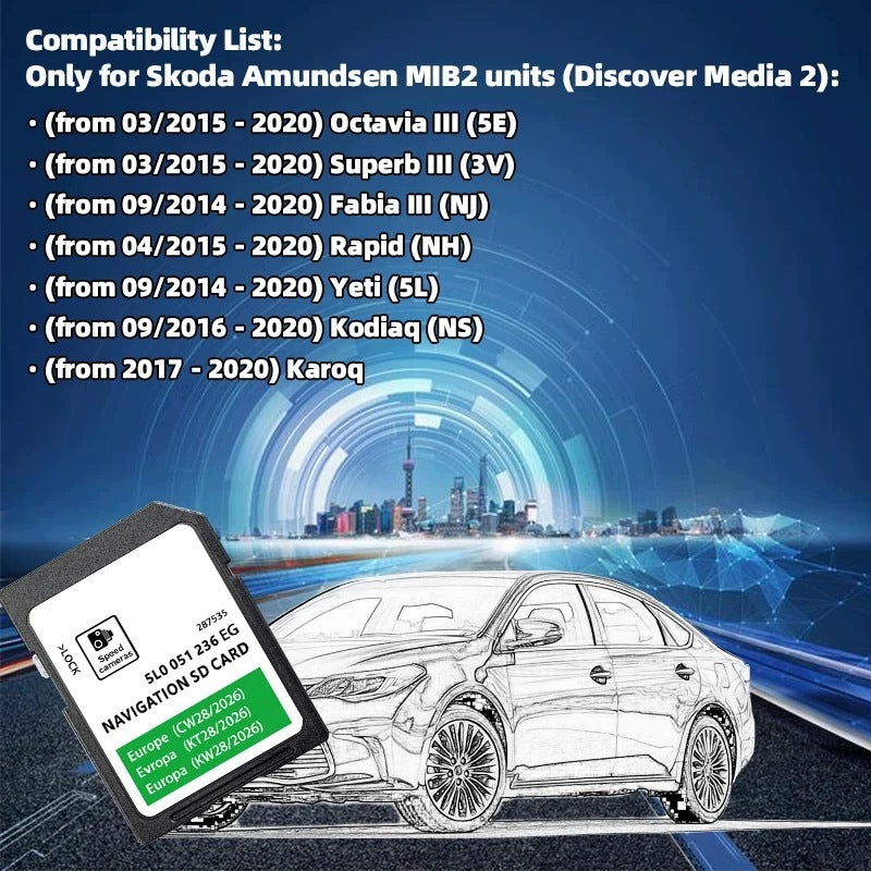 MAP FOR NAVIGATION CARD FOR SKODA AMUNDSEN MIB2 2025/2026 V23 EU LATEST Manufacturer code KARTA DO SYSTEMU SKODA AMUNDSEN MIB2
