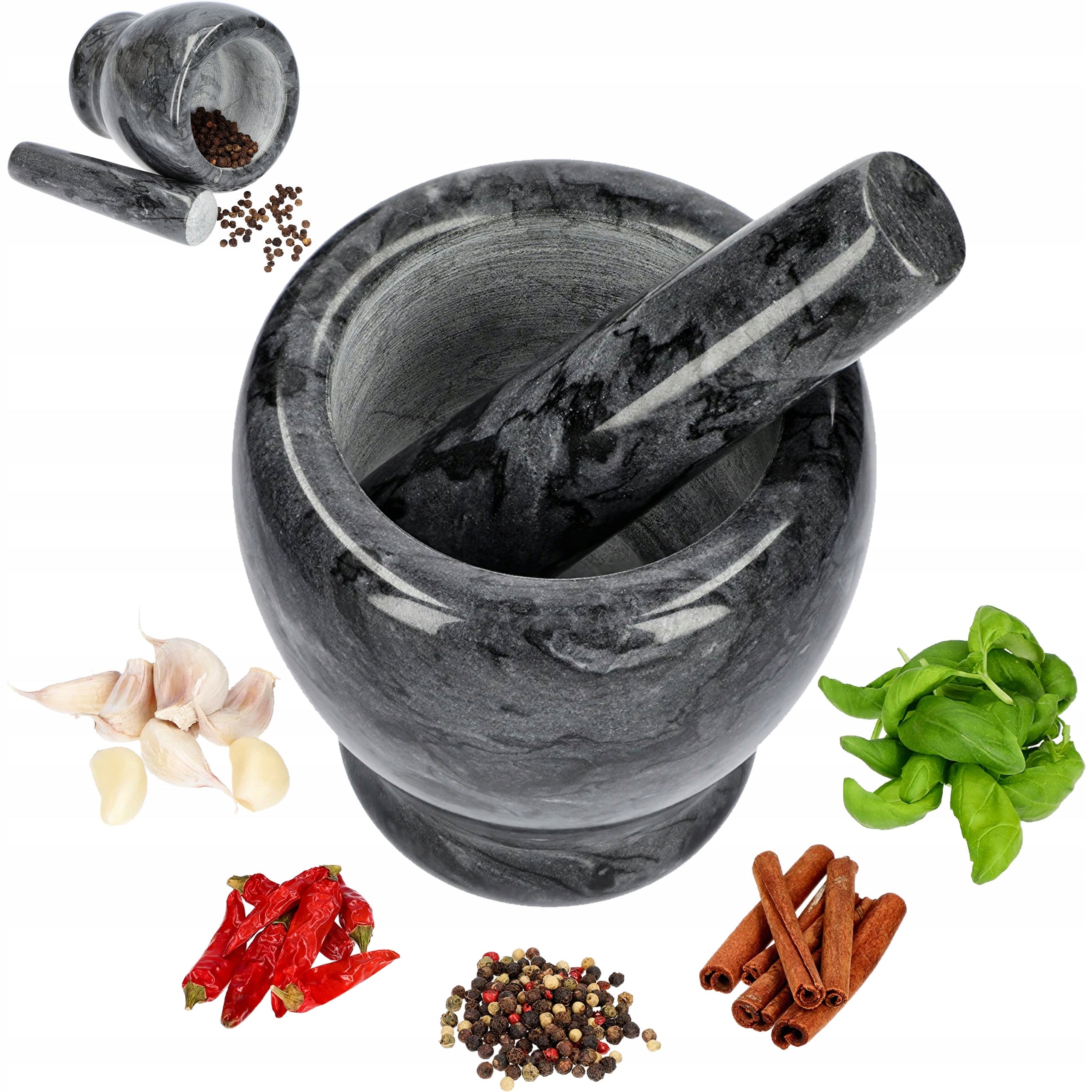 MARBLE STONE KITCHEN MORTAR WITH PESTLE FOR SPICES HERBS BROWIN