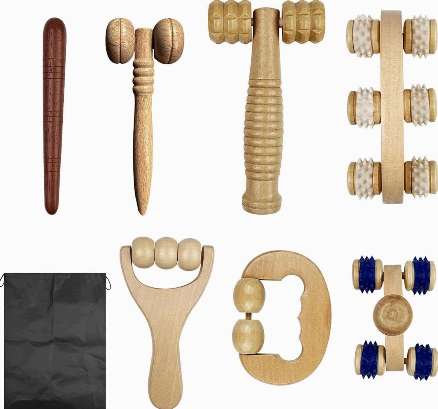 MASSAGE SET WOODEN BODY ROLLER MANUAL MASSAGER WOOD 8 PIECES
