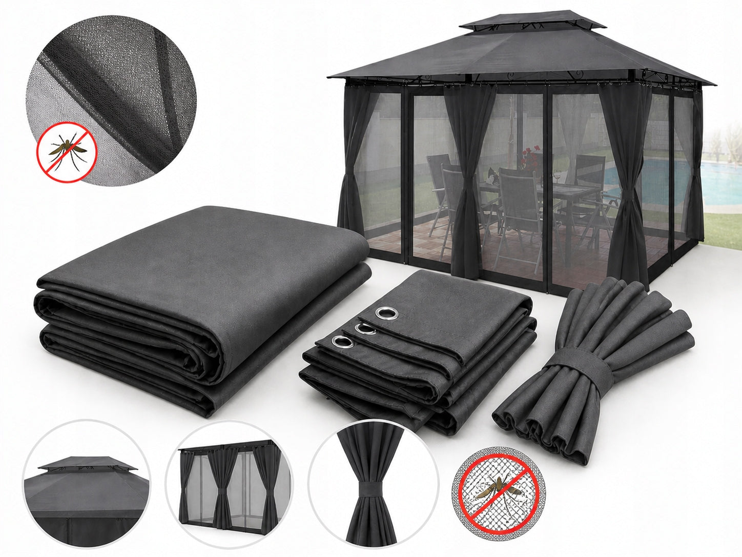 MATERIAL FOR GARDEN PAVILION 3X4M +LED CURTAINS ROOF MOSQUITO NET ANTHRACITE