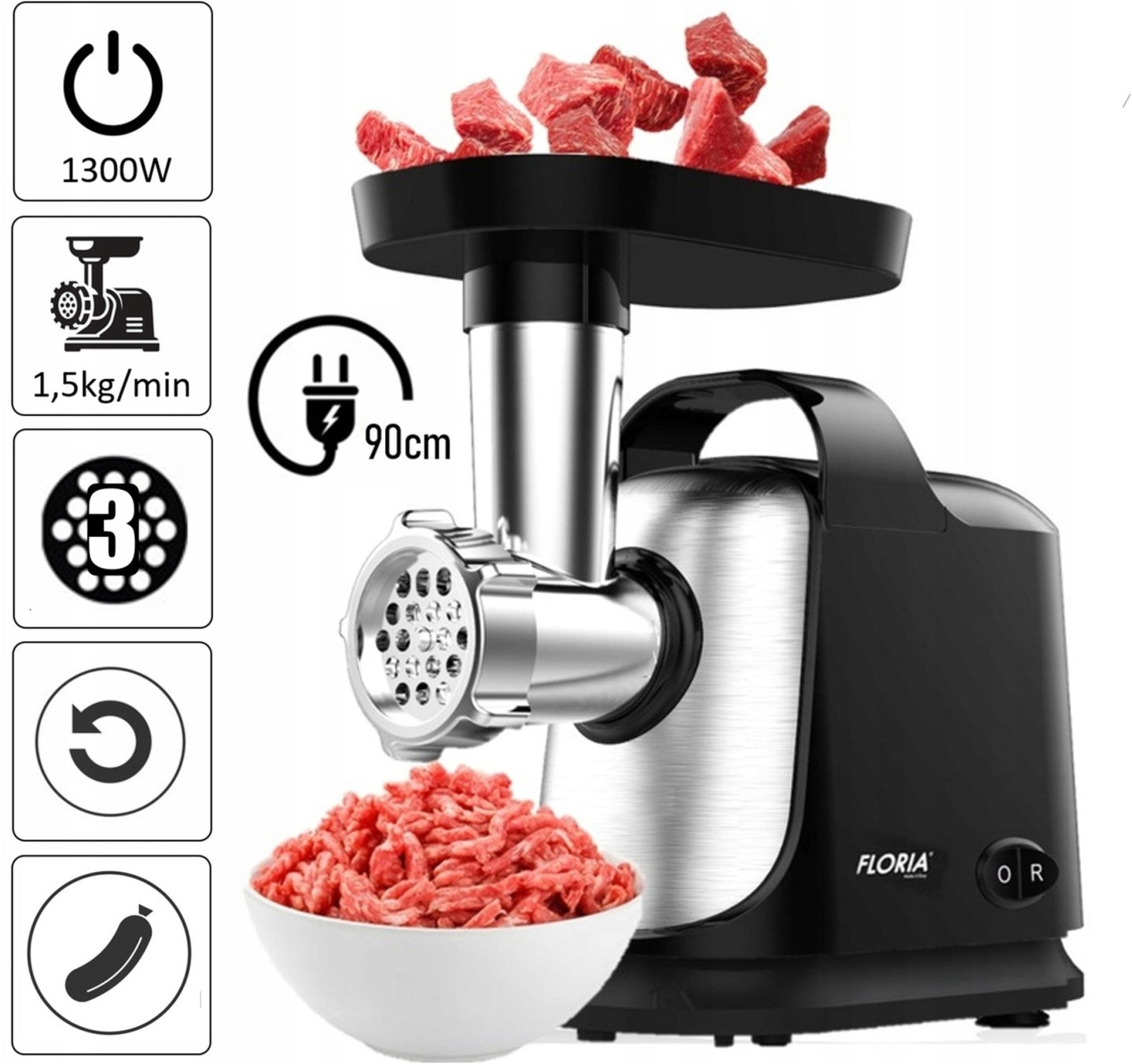 MEAT GRINDER ELECTRIC REVERSE 3 SIEVE SAUSAGE KEBBE 1300W Brand Floria