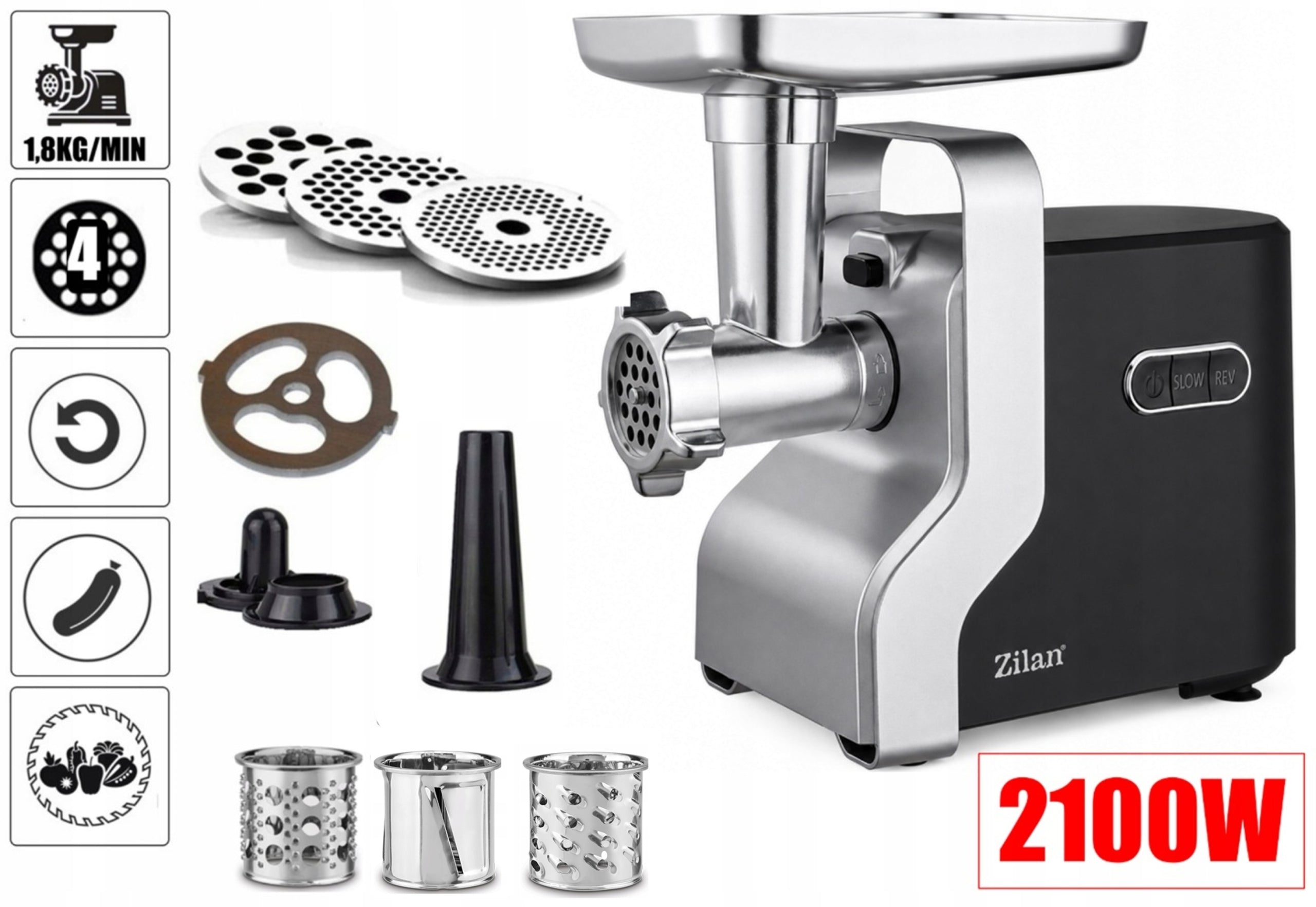 MEAT GRINDER METAL PREMIUM 3 SIEVES + JERKY POWER 2100W Grinding efficiency 1.8 kg/min