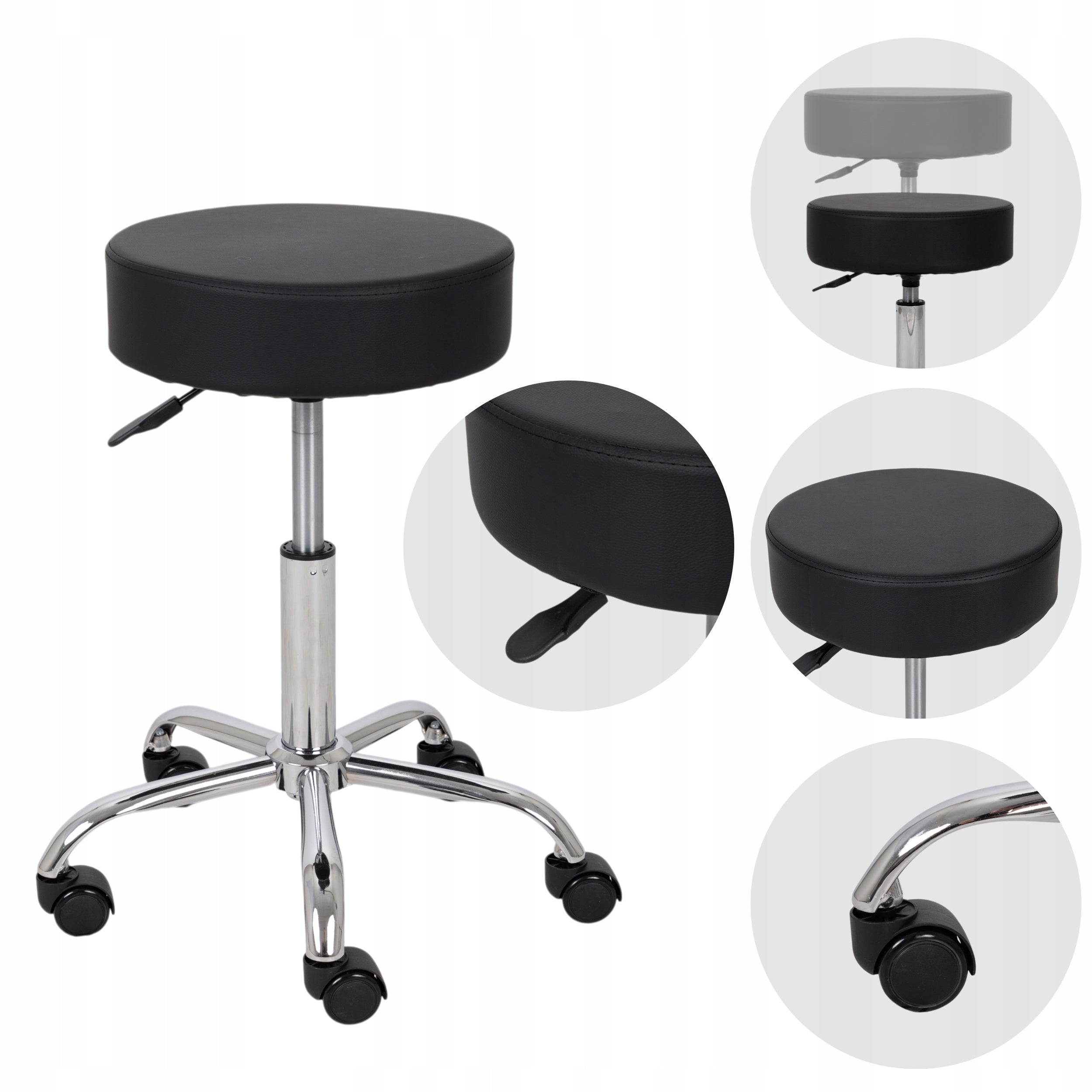 MEDICAL HAIRDRESSER COSMETIC STOOL BLACK ON WHEELS ROTATING CIRCLE