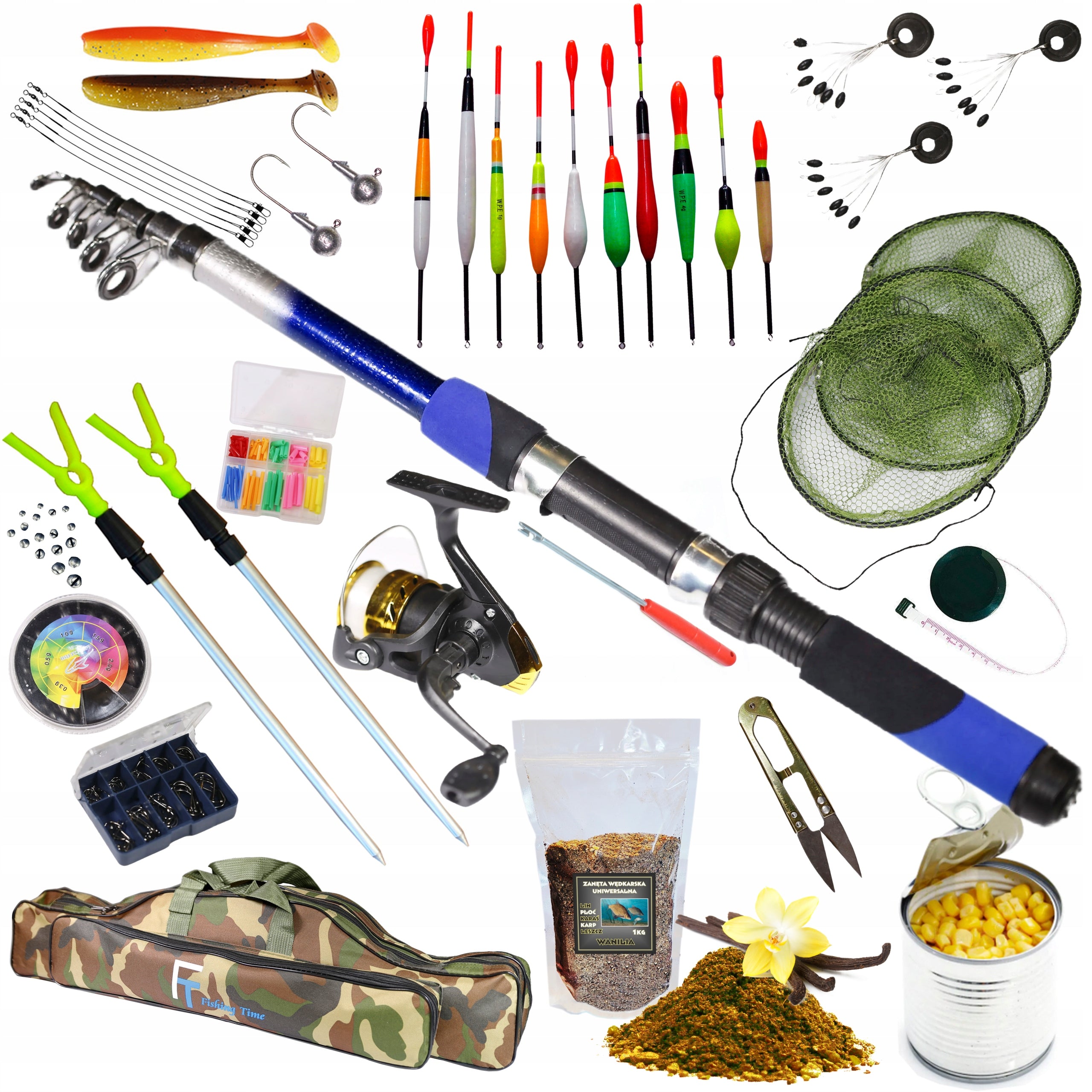 MEGA FISHING SET, Floats, Mesh, Bag, Bait - HIT ZEST-W-23