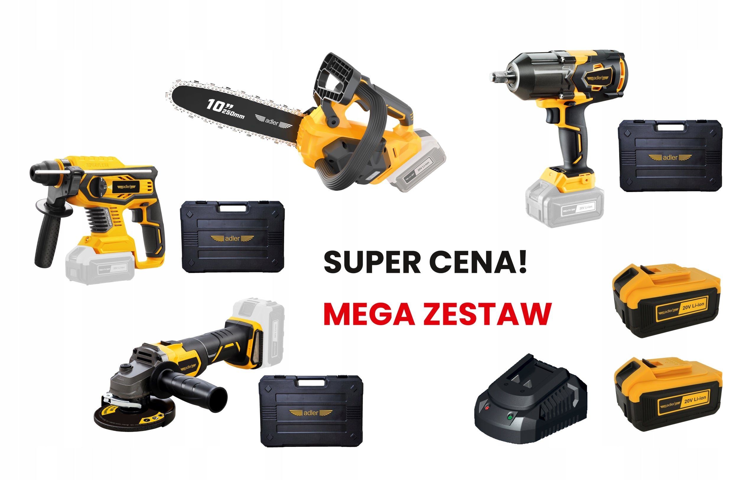 MEGA SET OF CORDLESS TOOLS ADLER 4x TOOLS + 2x AKU