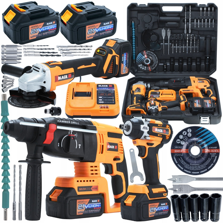 MEGA TOOL SET AKU 2X 4AH 21V 3in1 HAMMER IMPACT WRENCH GRINDER BLACK