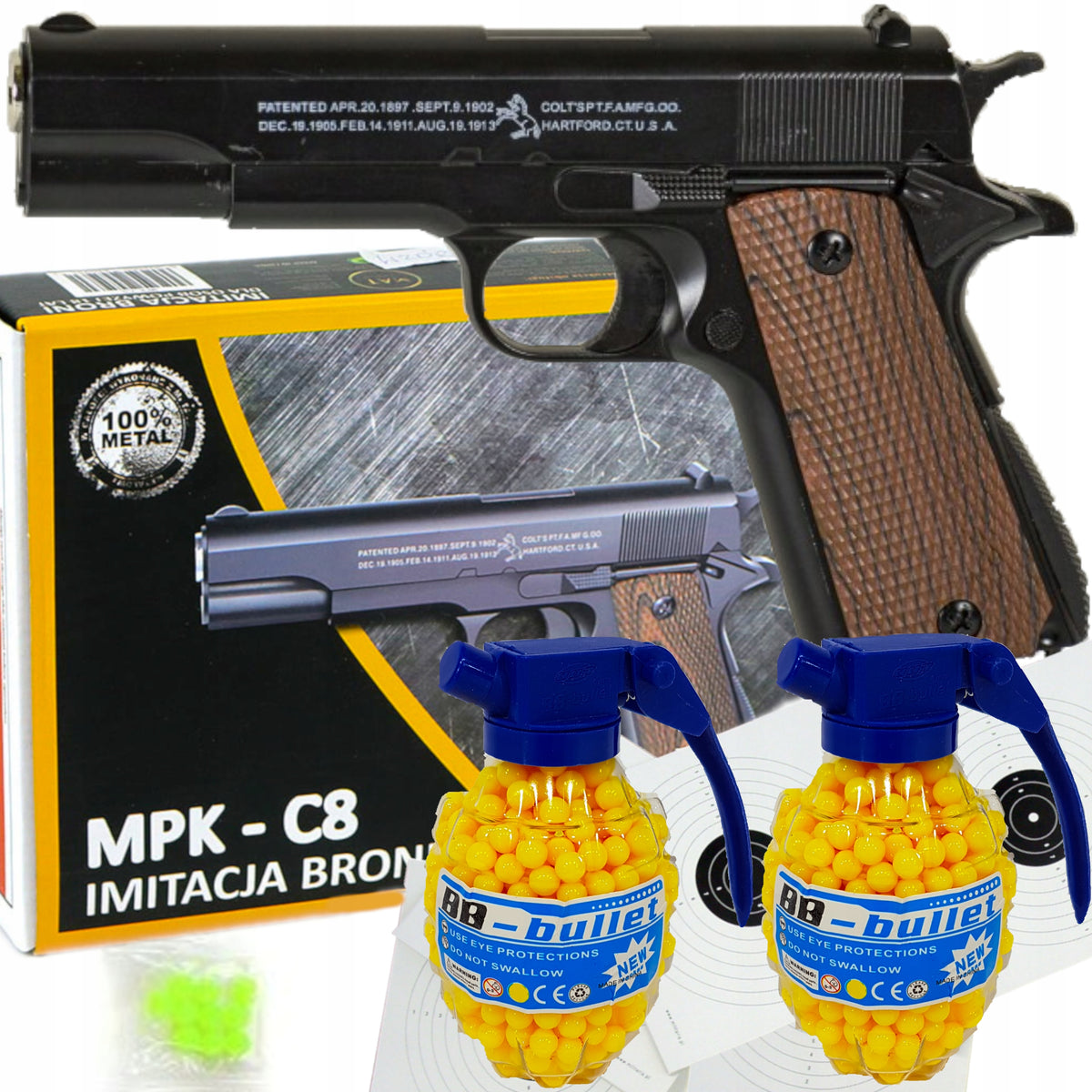 METAL GUN COLT M1911 FOR BALLS REPLICA ASG WITH LOCK + 2x GRENADES