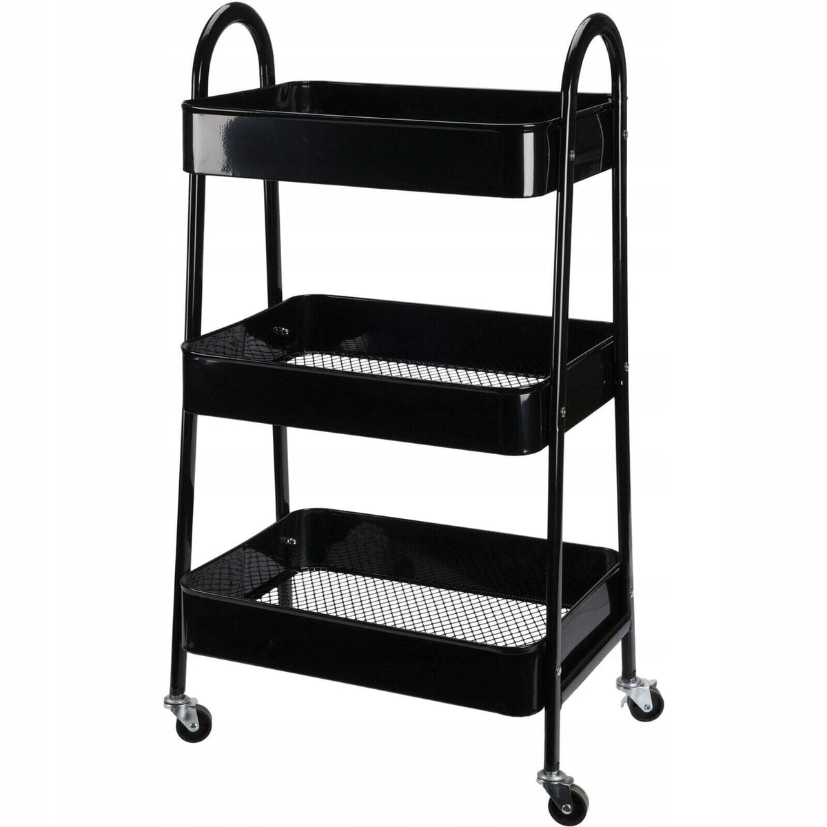 METAL KITCHEN TROLLEY 3 LEVEL ON WHEELS BLACK MOBILE
