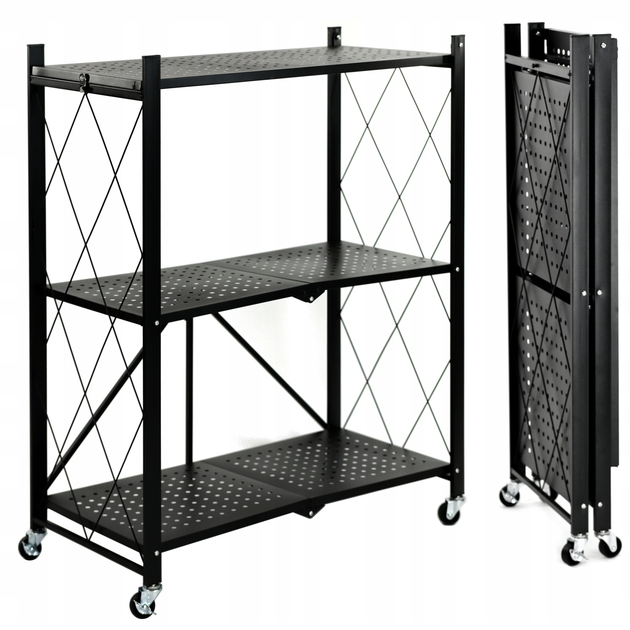 METAL RACK FOLDING ON WHEELS BLACK STORAGE KITCHEN LOFT 3 SHELVES