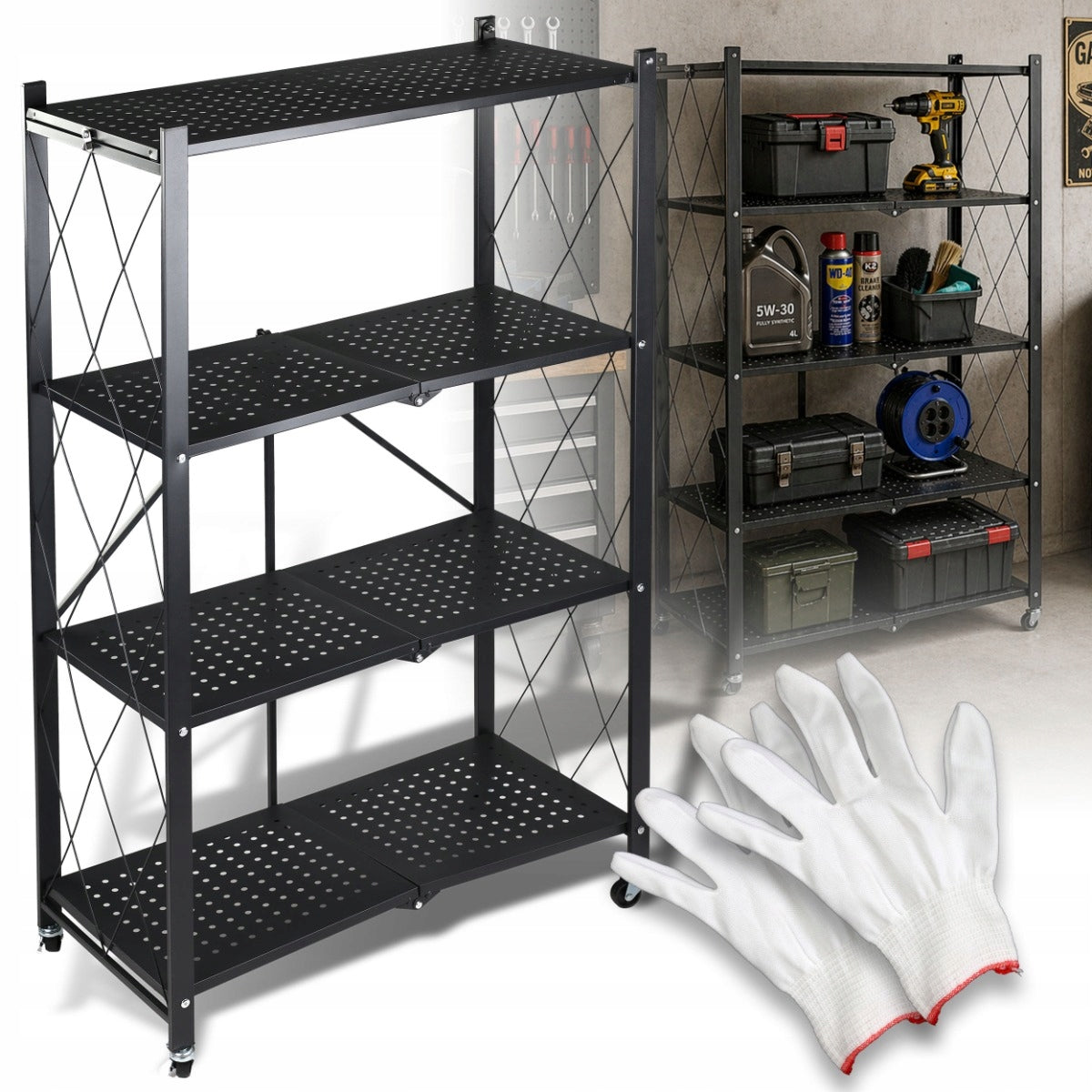 METAL RACK FOLDING ON WHEELS BLACK STORAGE KITCHEN LOFT 4 SHELVES Packaging status original