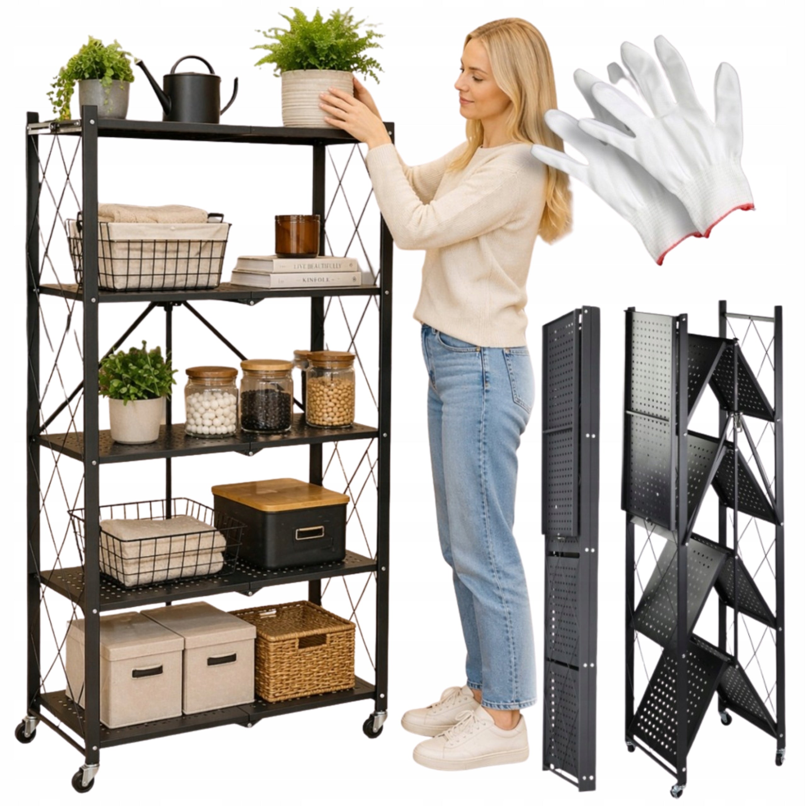 METAL RACK FOLDING ON WHEELS BLACK STORAGE KITCHEN LOFT 4 SHELVES