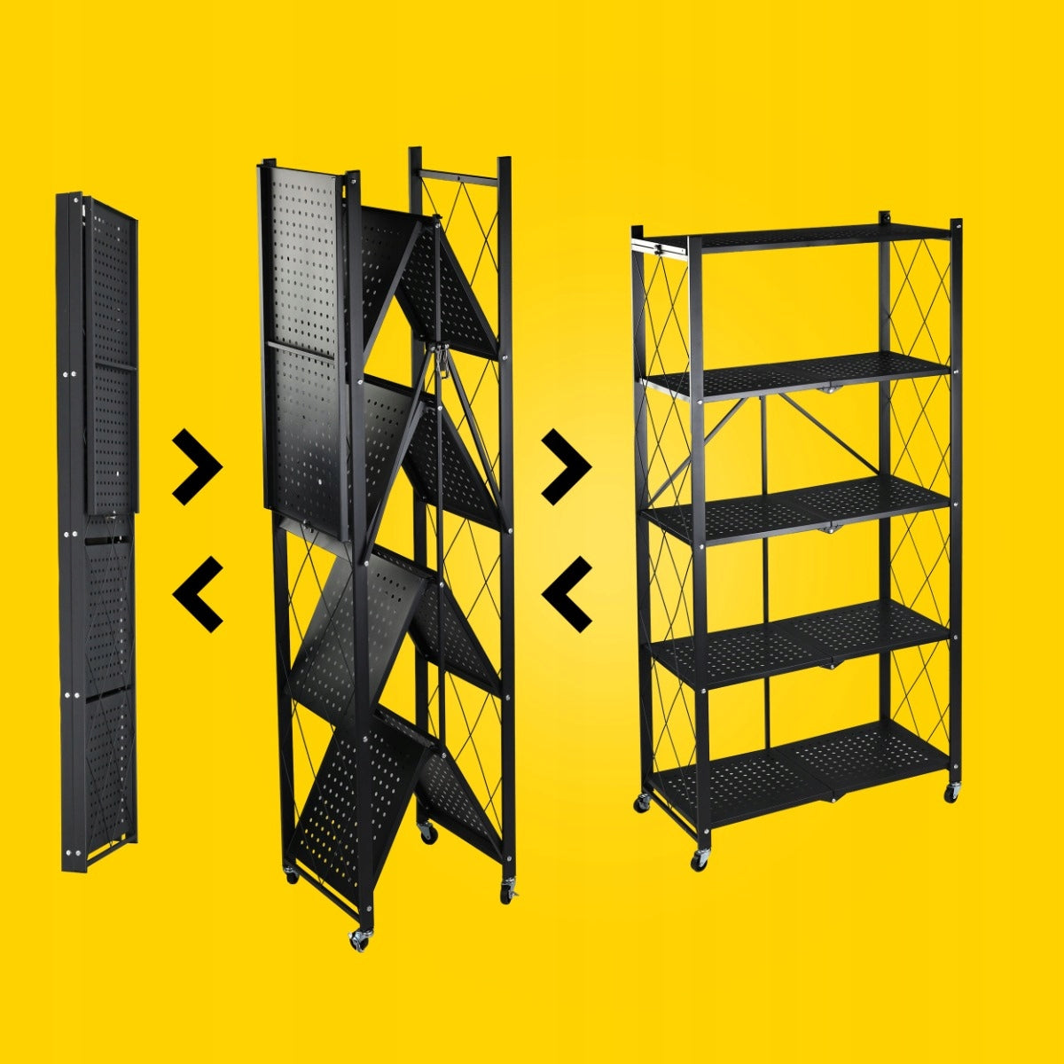 METAL RACK FOLDING ON WHEELS BLACK STORAGE KITCHEN LOFT 5 SHELVES Packaging status original