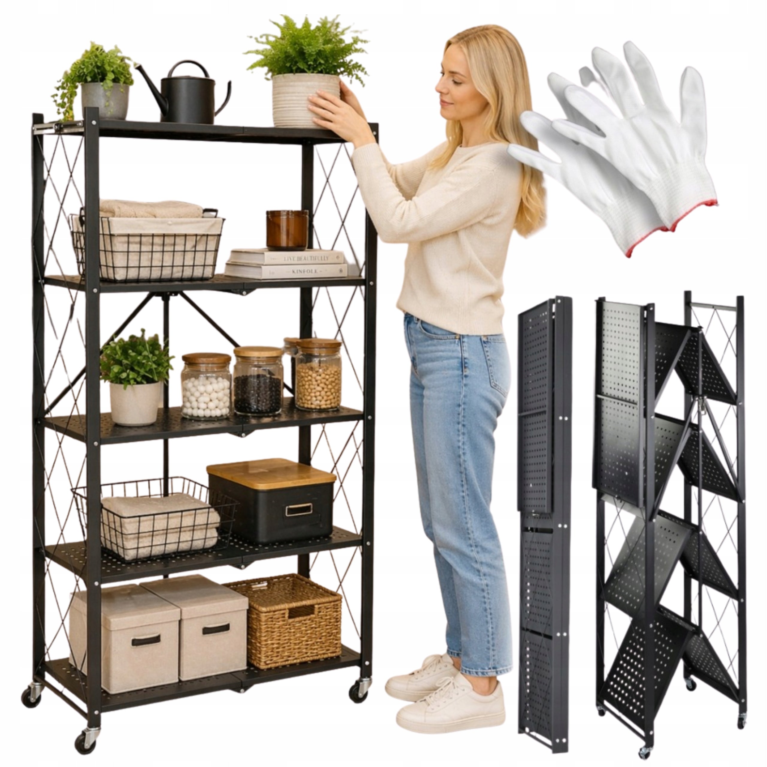 METAL RACK FOLDING ON WHEELS BLACK STORAGE KITCHEN LOFT 5 SHELVES