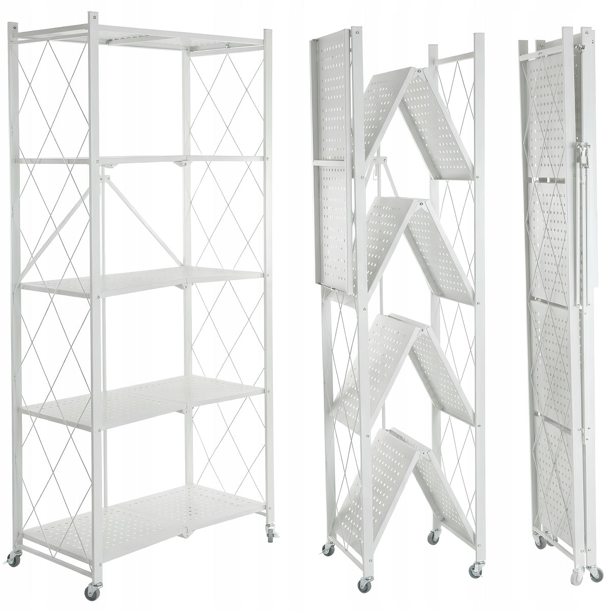 METAL RACK FOLDING ON WHEELS STORAGE KITCHEN LOFT 5 SHELVES WHITE Packaging status original