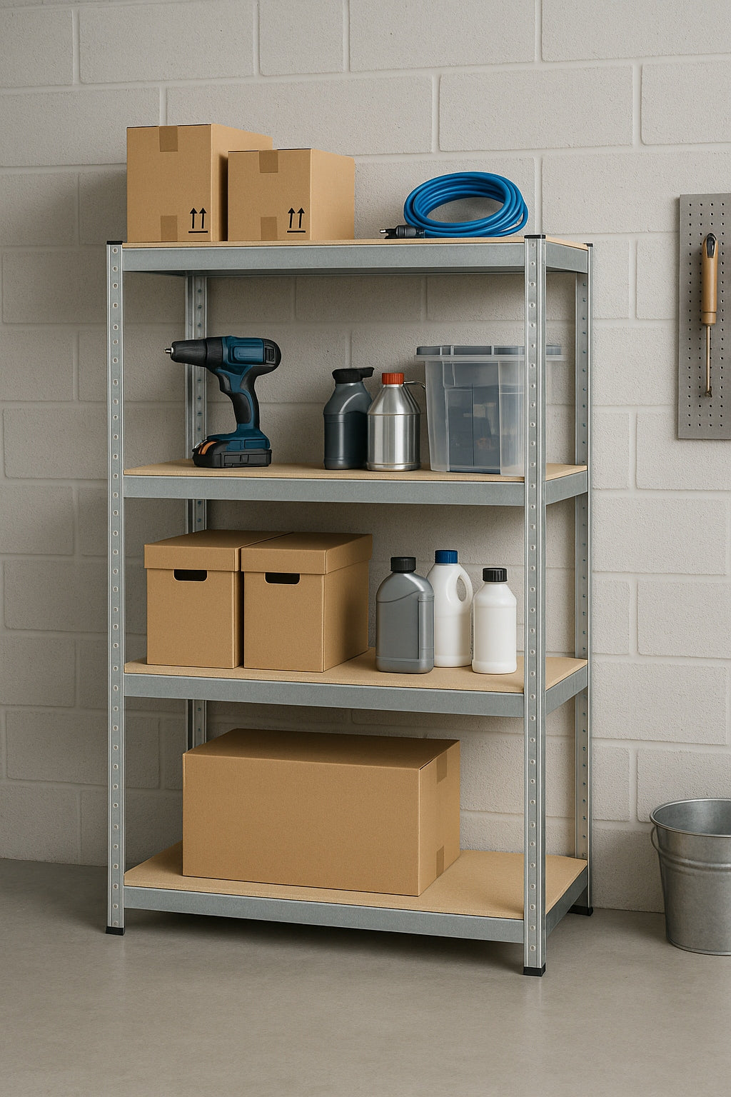 METAL STORAGE RACK 150x75x30cm 4 SHELVES MDF 150kg 600kg FOR GARAGE Packaging status original
