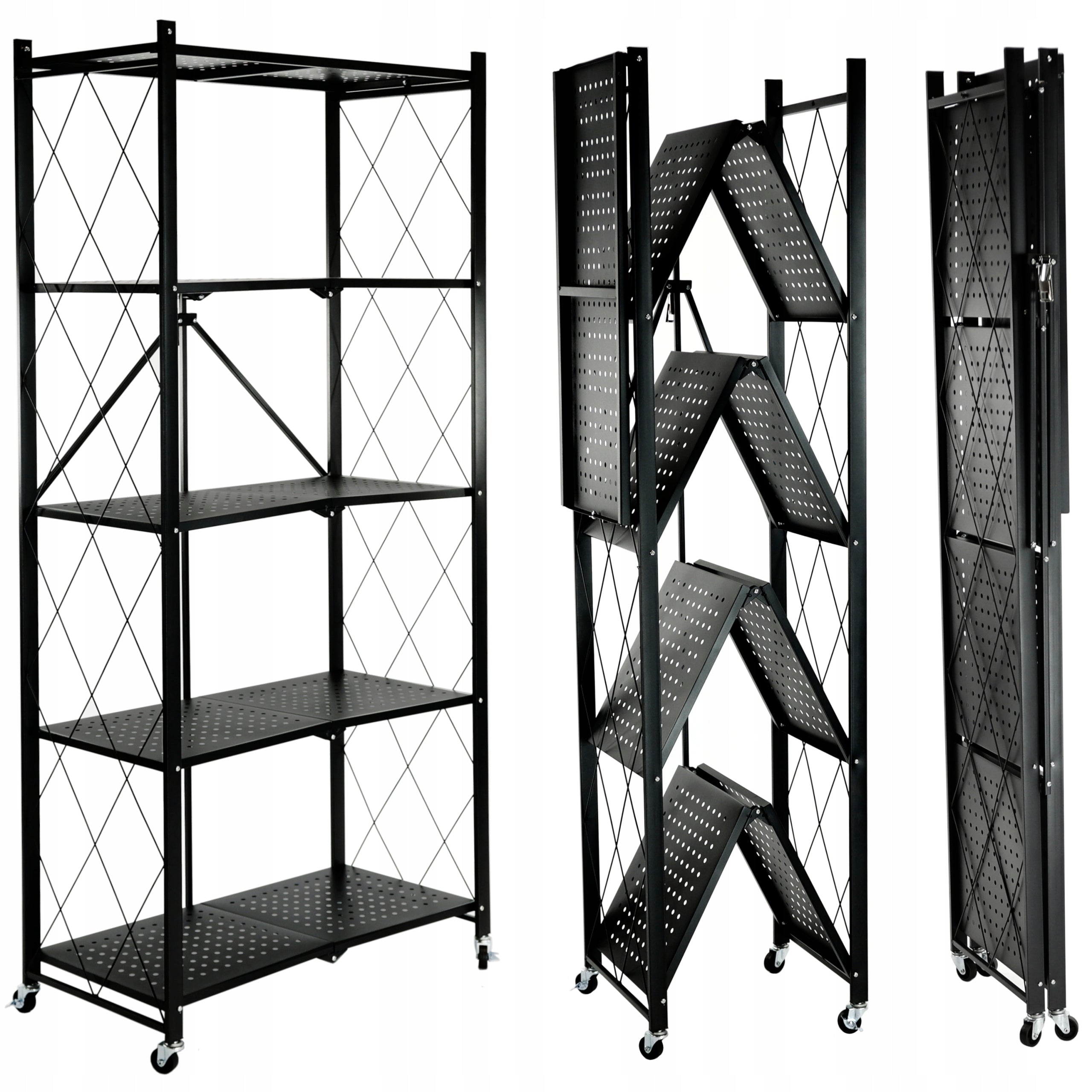 METAL STORAGE RACK FOLDING ON WHEELS BLACK 5 SHELVES MOBILE LOFT