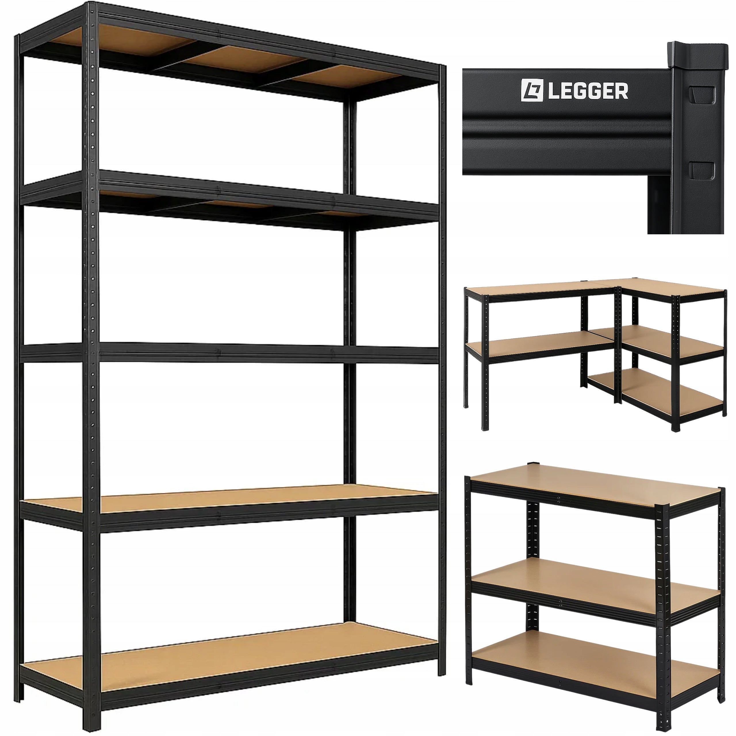 METAL STORAGE RACK LEGGER - BLACK - LIFTING CAPACITY 1000 KG - 205x120x45 CM