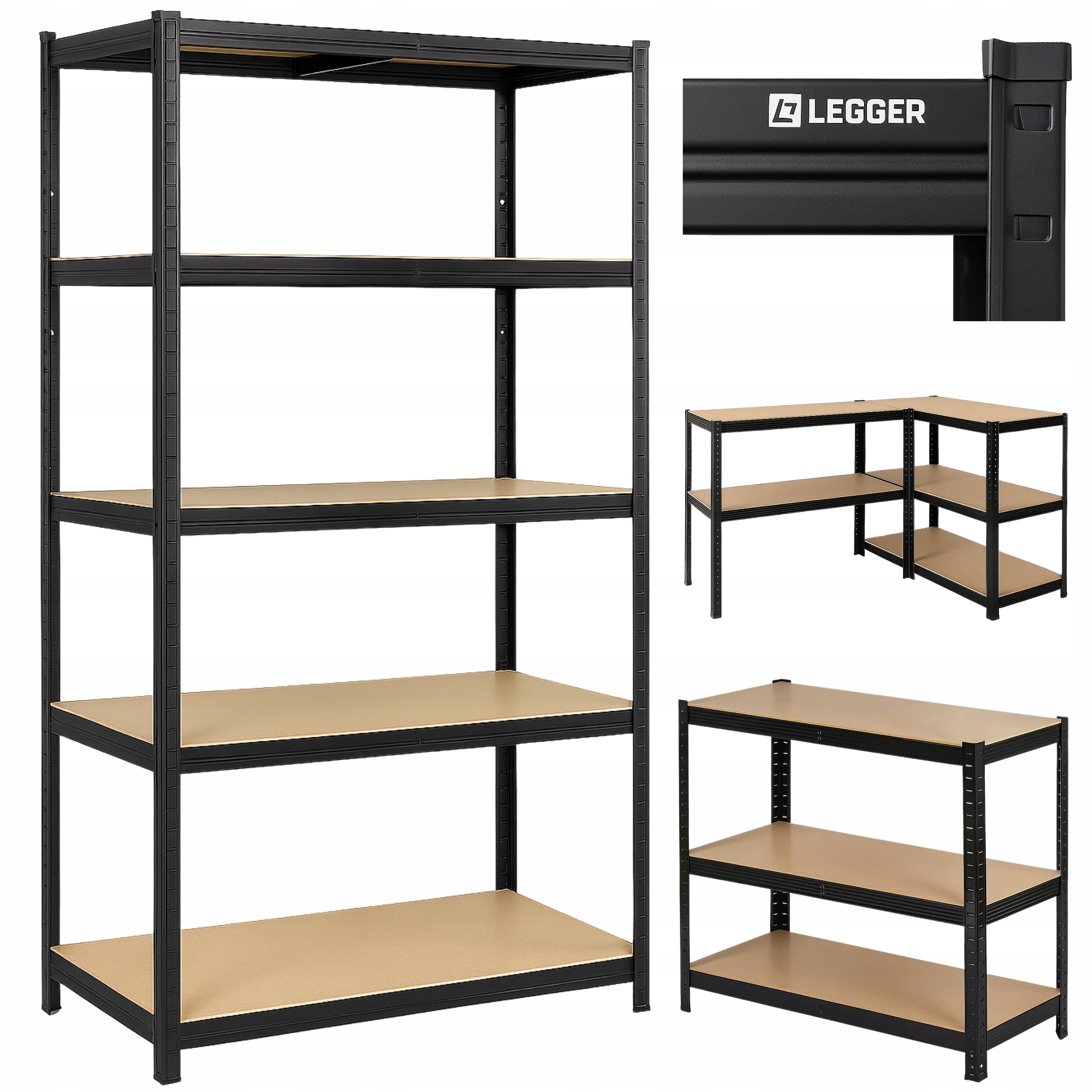 METAL STORAGE RACK LEGGER - BLACK - LIFTING CAPACITY 875KG - 180x90x40 CM