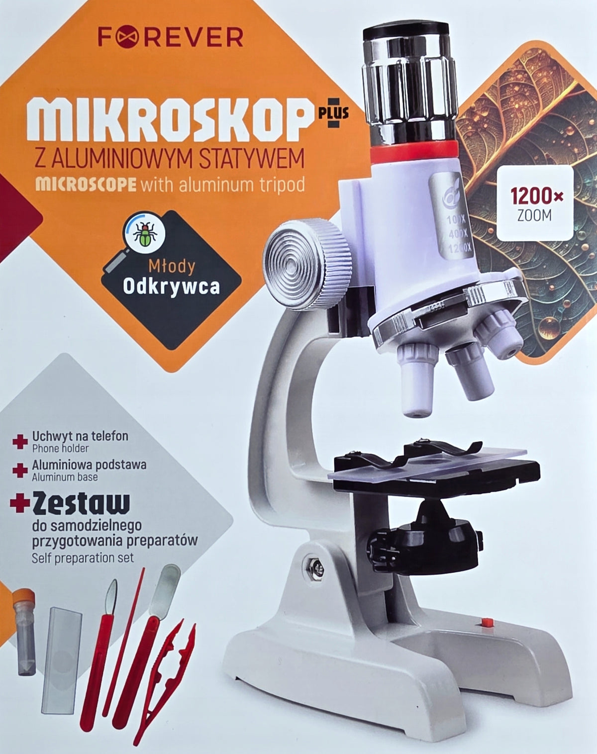 MICROSCOPE WITH ALUMINIUM TRIPOD FOREVER + PREPARATION SET Packaging status original