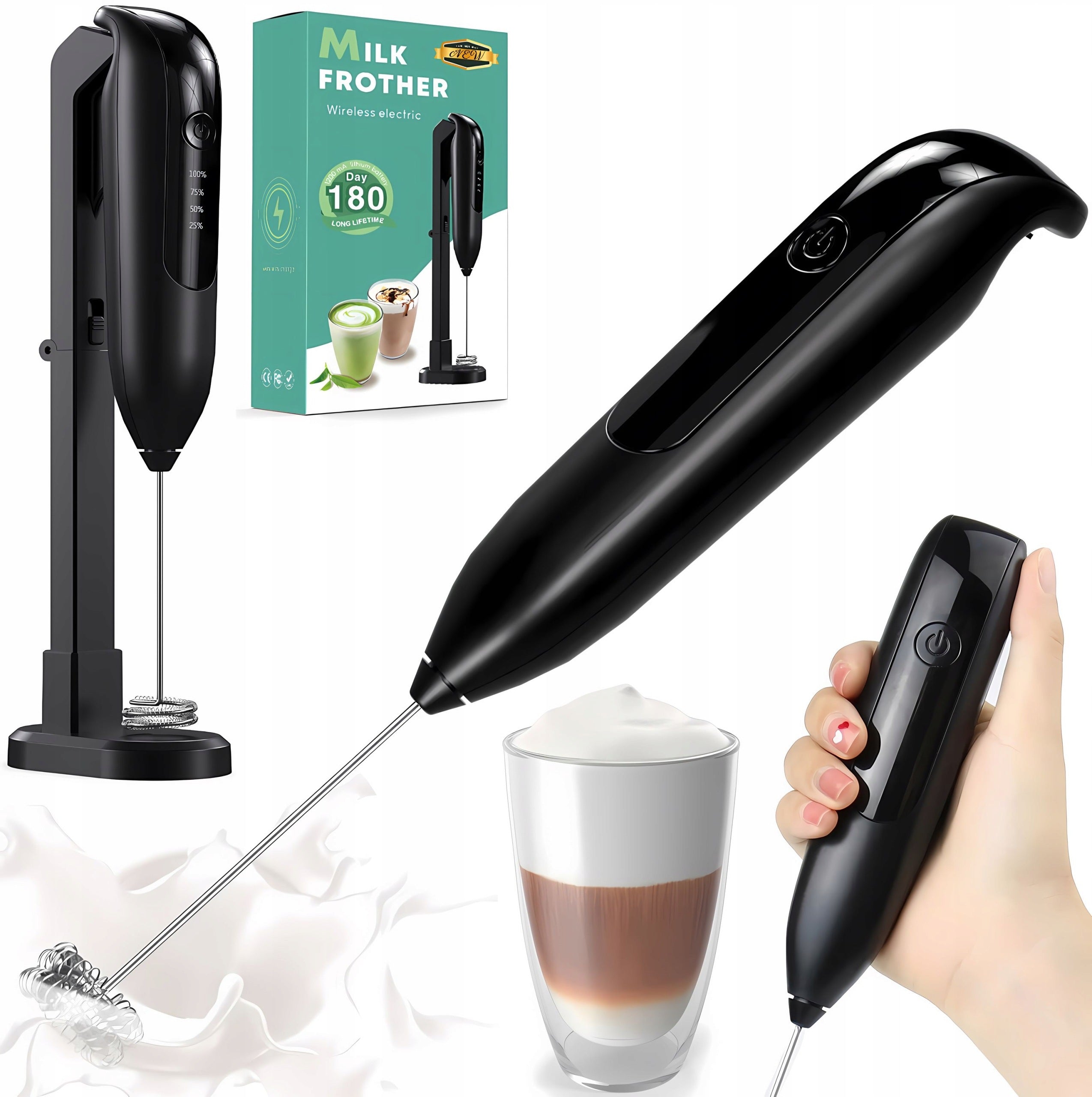 MILK FROTHER Handheld Cordless 2 Speeds 19000rpm Steel Quiet