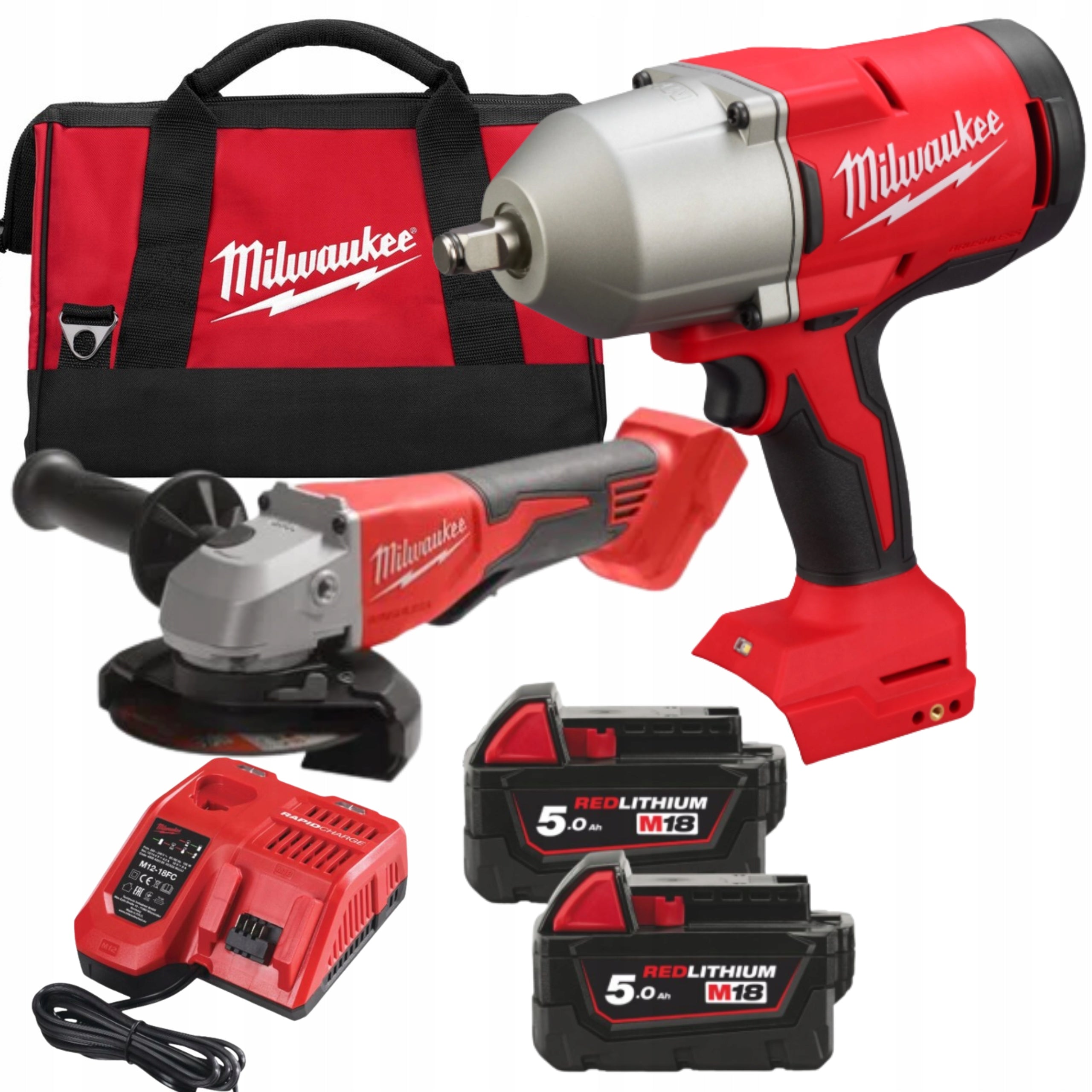 MILWAUKEE IMPACT WRENCH ANGLE GRINDER 18V 2x5,0Ah + BAG + CHARGER
