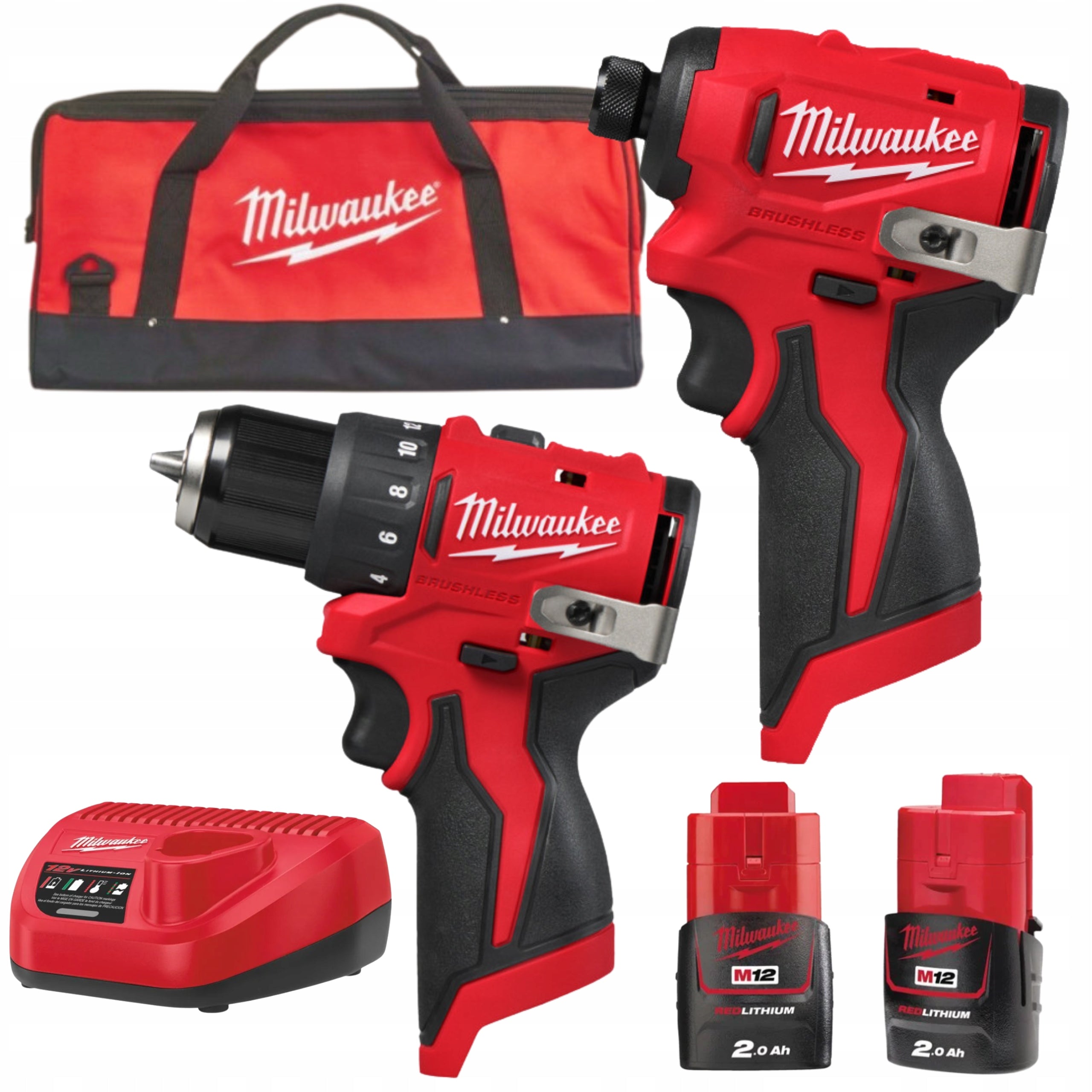 MILWAUKEE SET DRILL/DRIVER IMPACT DRIVER 12V 2x2,0Ah + BAG Packaging status original