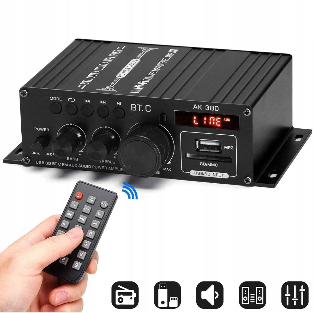 MINI BLUETOOTH HIFI AMPLIFIER 5.0 STEREO RADIO WITH REMOTE CONTROL AK380 Packaging status original