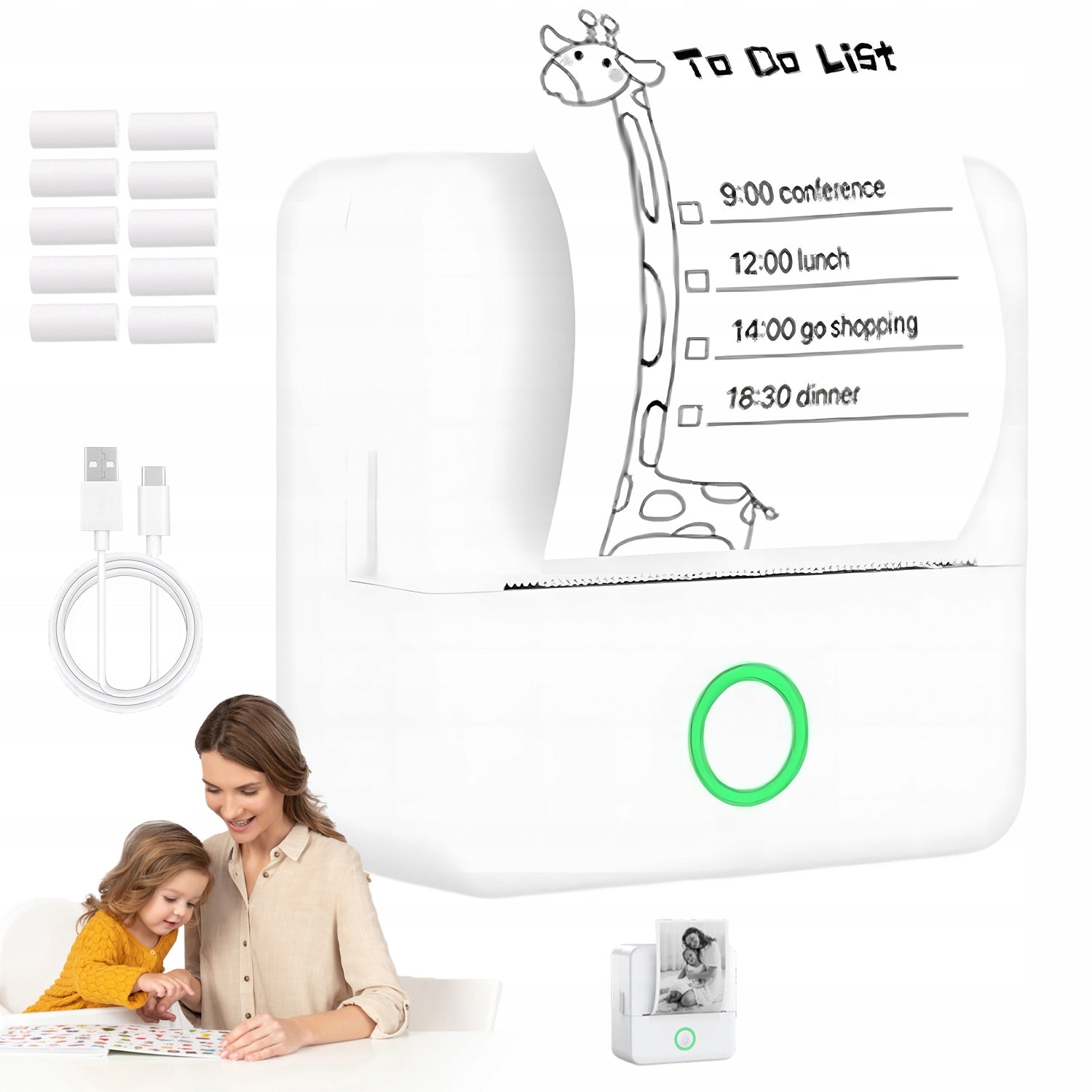 MINI BLUETOOTH THERMAL PRINTER WIRELESS BL FOR LABELS AND NOTES Manufacturer code drukarka termiczna + 5 Rolki papieru