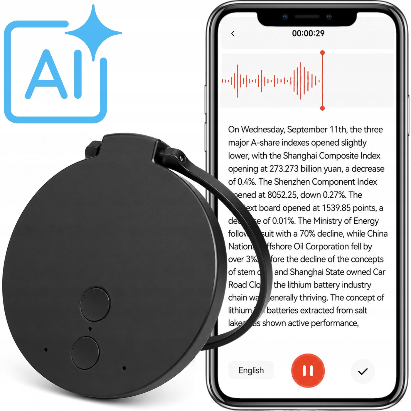 MINI DIGITAL RECORDER AI TRANSCRIPTION AUTOMATIC SUMMARIES CHAT GPT