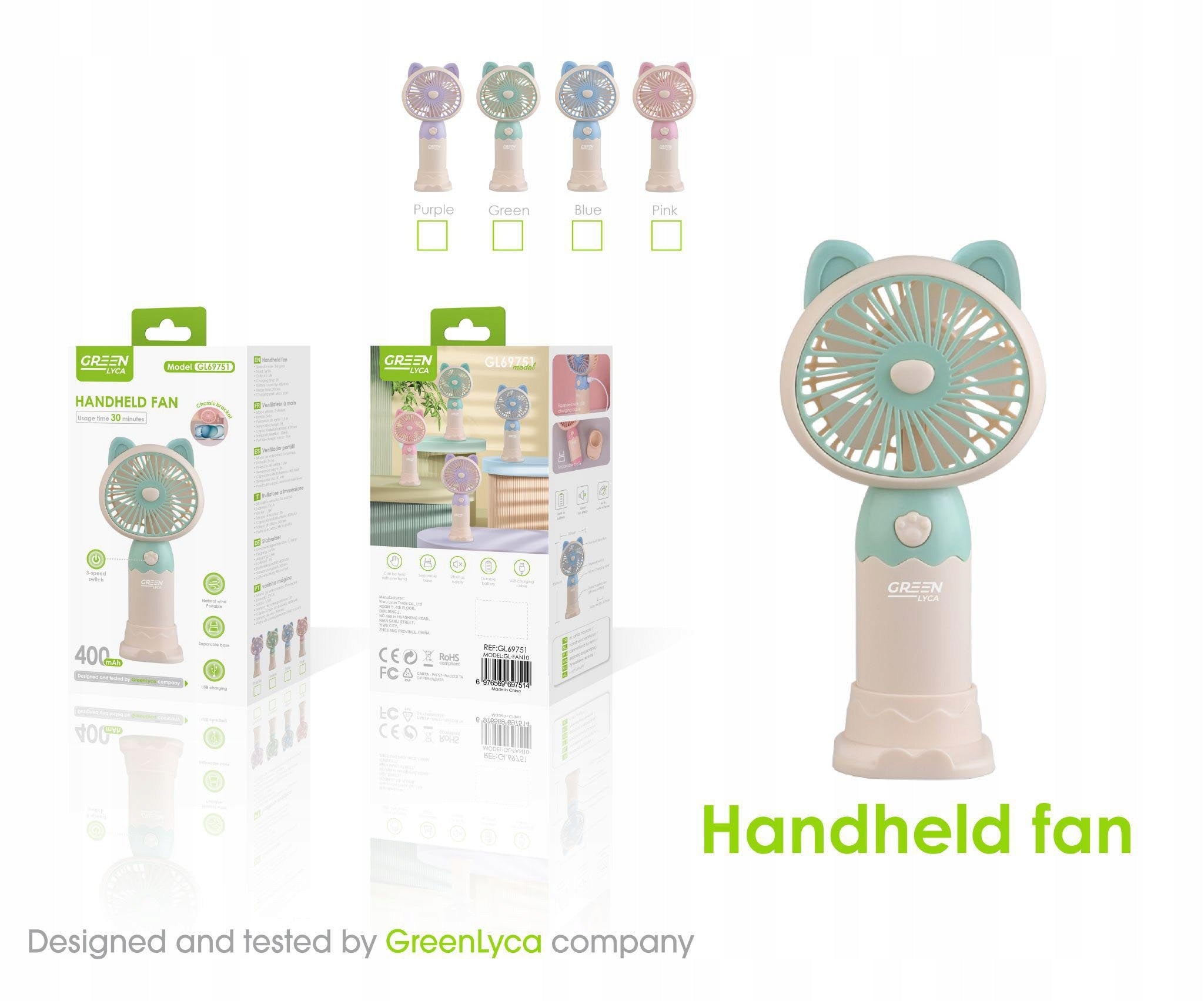 MINI FAN HANDHELD DESK PHONE STAND USB PORTABLE WITH EARS Manufacturer code 900127 WENTYLATOR