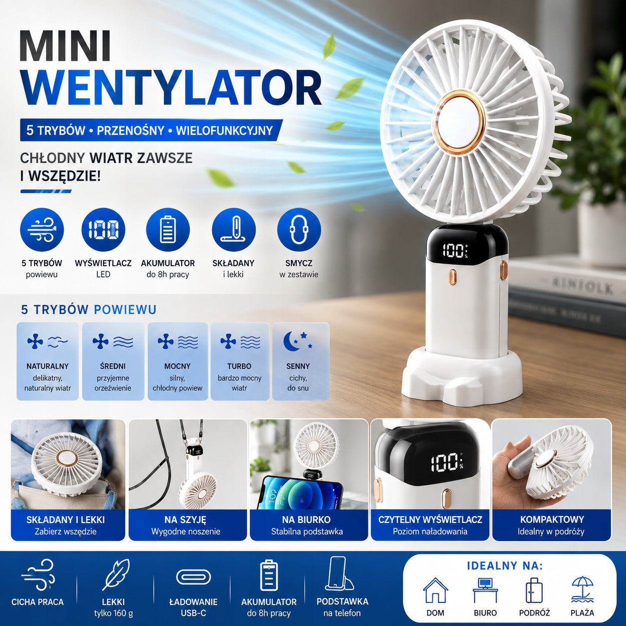 MINI FAN , WIRELESS HAND FAN 5 MODES WHITE Packaging status original