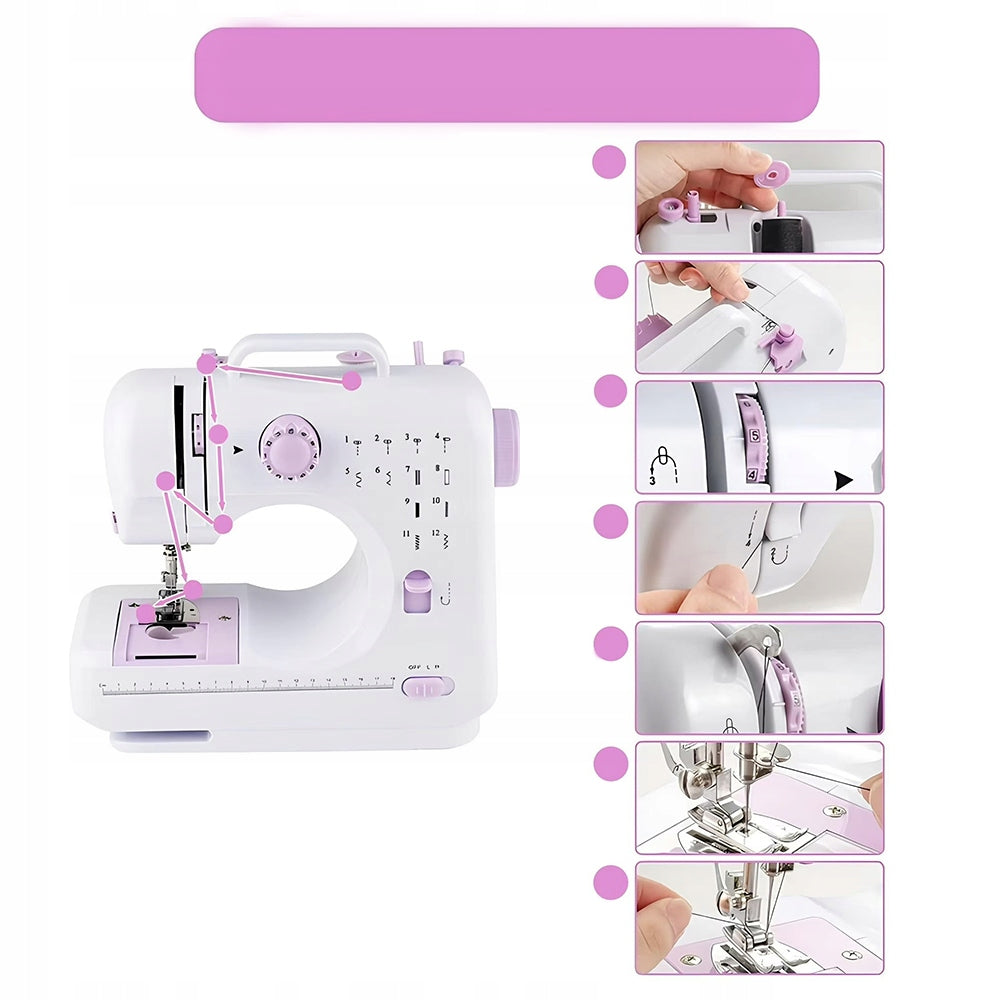 MINI PORTABLE SEWING MACHINE 12 STITCHES + ACCESSORIES + LED LIGHT Dominant color white